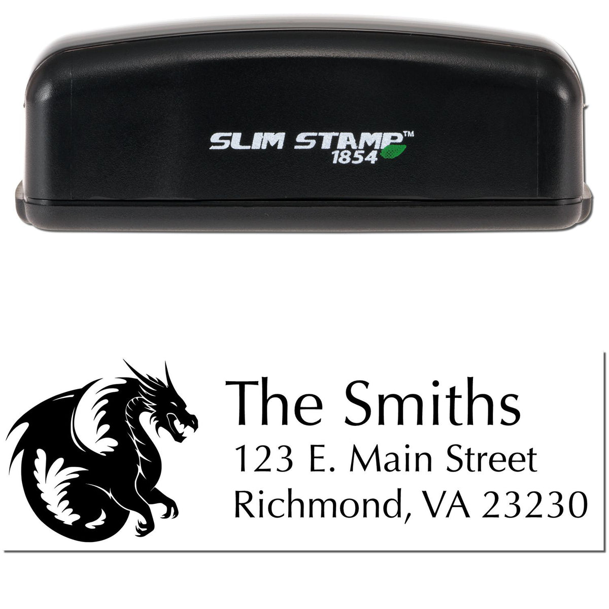 Black Slim Stamp 1854 seal with dragon logo and custom address text for The Smiths, Richmond, VA.