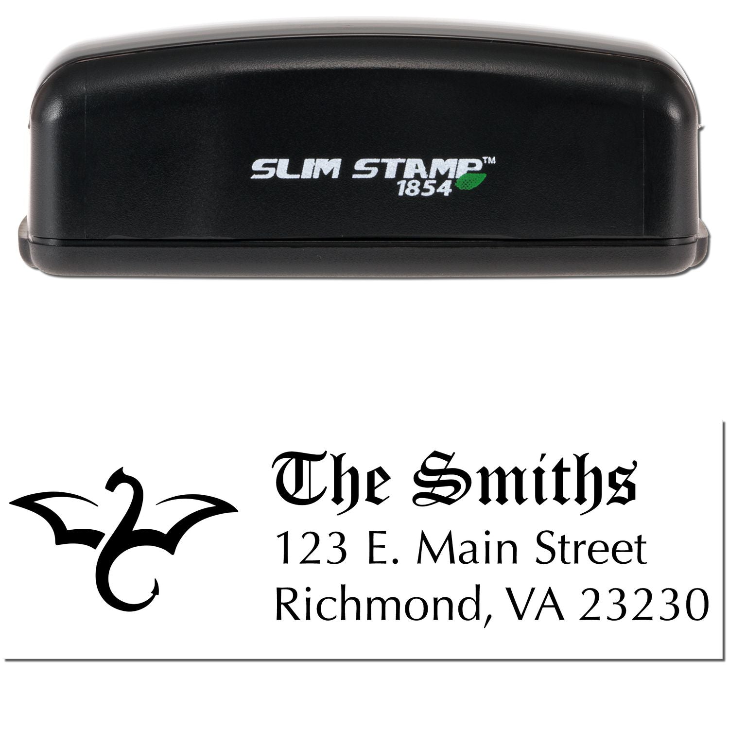 Black Slim Stamp 1854 self-inking stamp with green leaf logo and custom seal for The Smiths in black gothic text.
