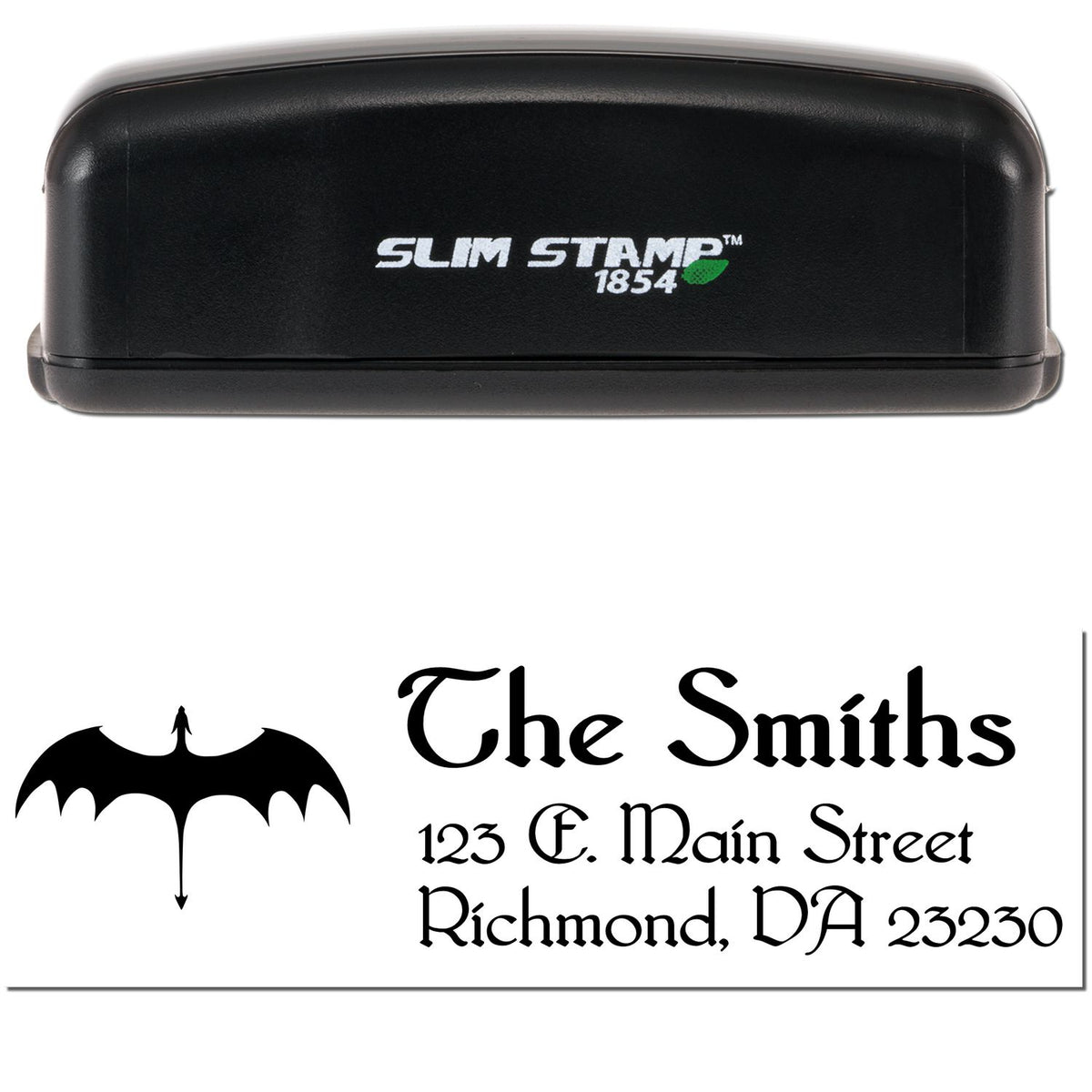 Black Slim Stamp 1854 self-inking stamp with bat logo and custom address seal for The Smiths, Richmond, VA.