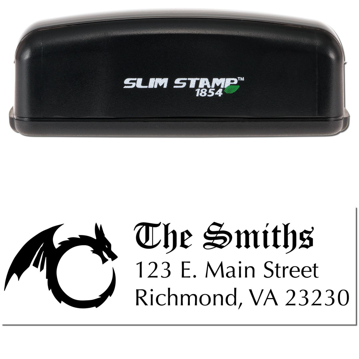 Black Slim Stamp 1854 self-inking stamp seal with dragon logo and The Smiths address in black.