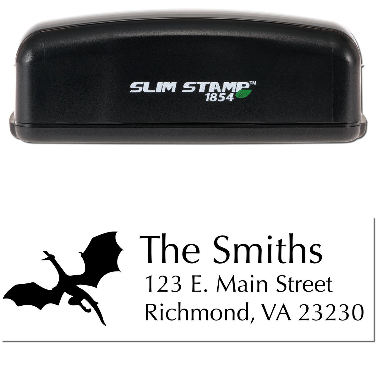 Black Slim Stamp 1854 self-inking address stamp and seal with bat logo for The Smiths, Richmond, VA.