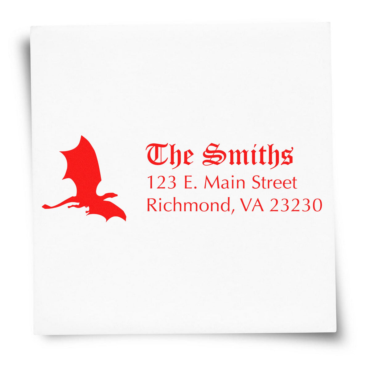 Red custom address stamp and seal with bat logo, The Smiths, 123 E. Main Street, Richmond, VA 23230.
