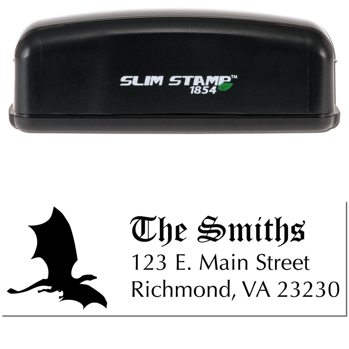 Black Slim Stamp 1854 custom stamp and seal with bat logo, The Smiths, and Richmond, VA address in black.