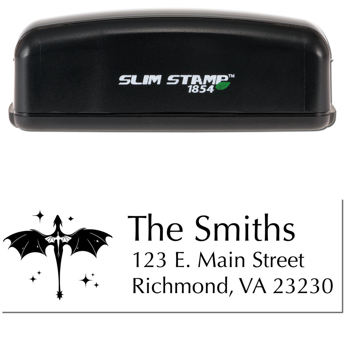 Black Slim Stamp 1854 self-inking stamp and custom address seal with bat design for The Smiths, Richmond, VA