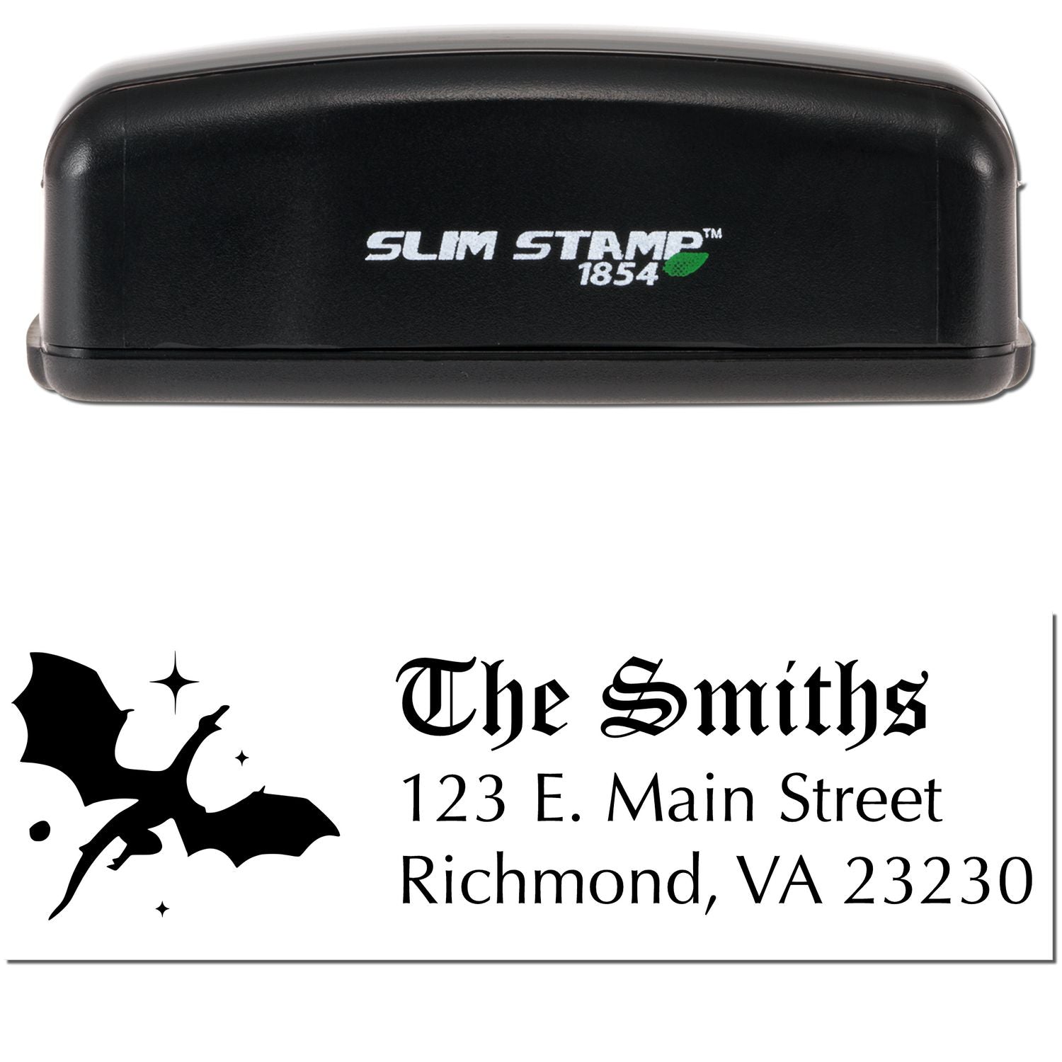 Black Slim Stamp 1854 self-inking stamp and seal with bat logo and The Smiths address imprint.
