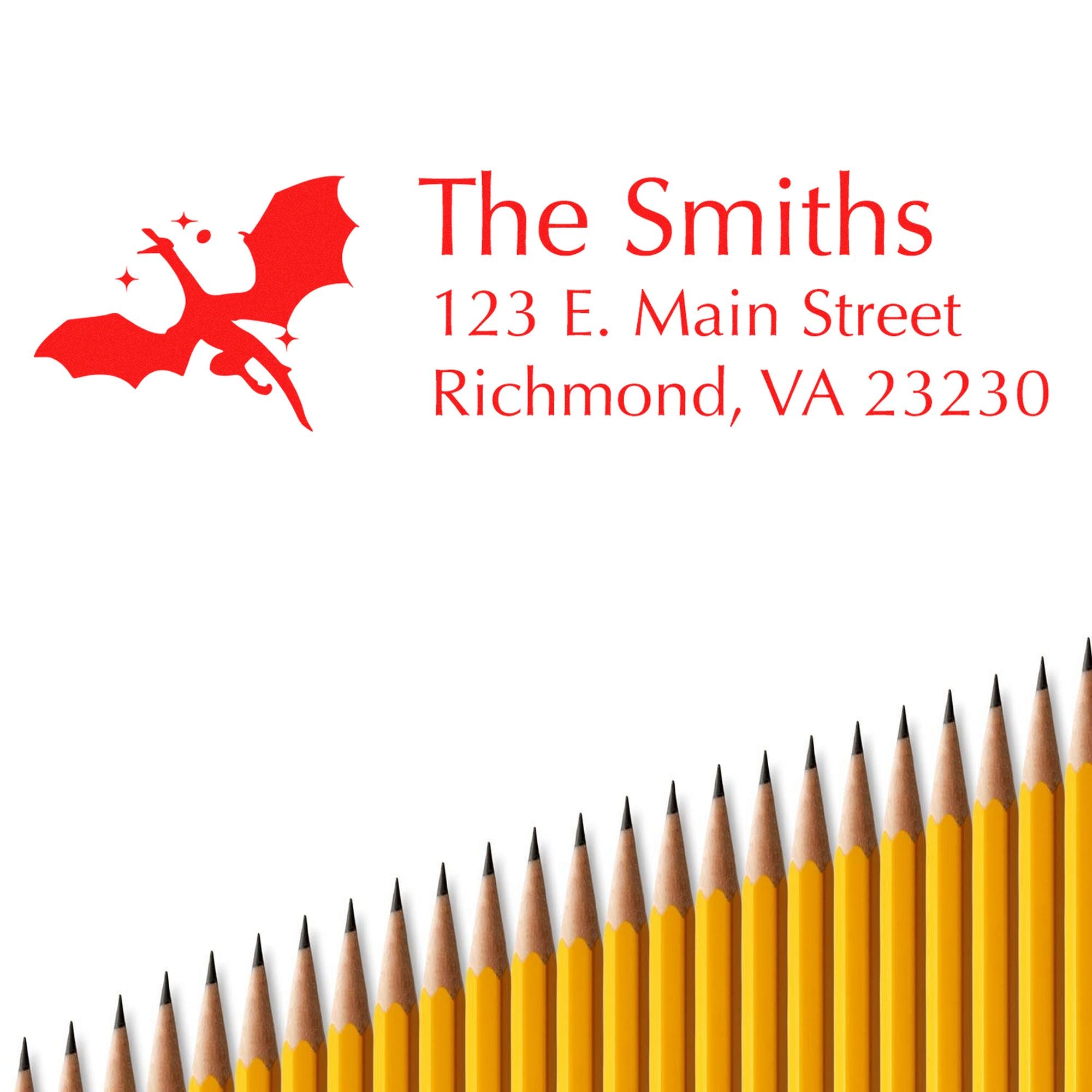 Red custom address stamp and seal with bat graphic, The Smiths address, and yellow pencils on a white background