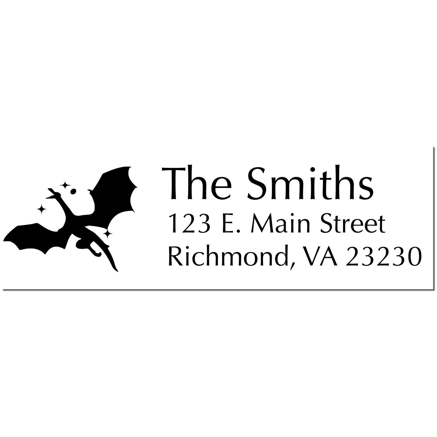 Black custom address stamp with bat logo, The Smiths, 123 E. Main Street, Richmond, VA 23230