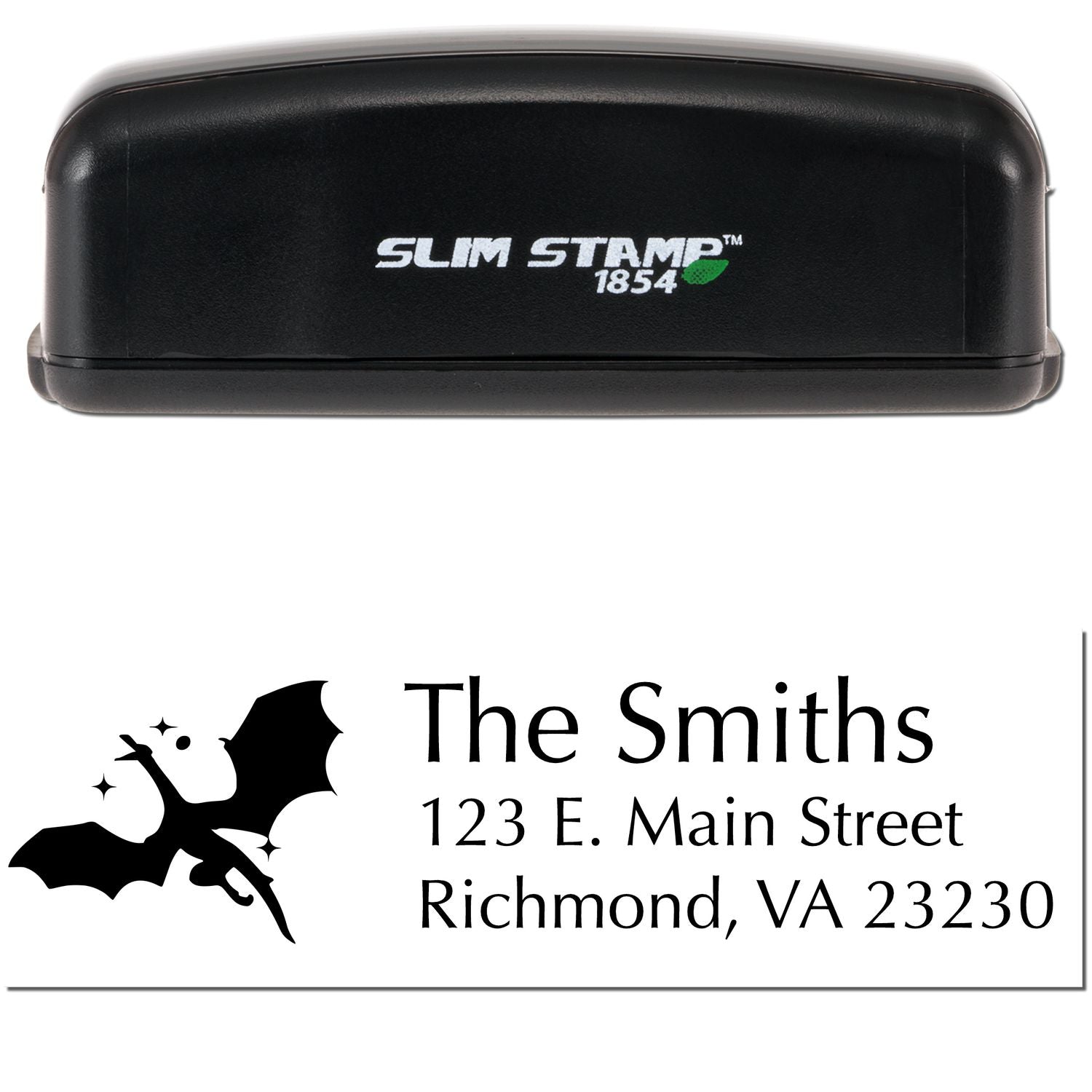 Black Slim Stamp 1854 self-inking stamp and seal with bat graphic and The Smiths return address, Richmond, VA