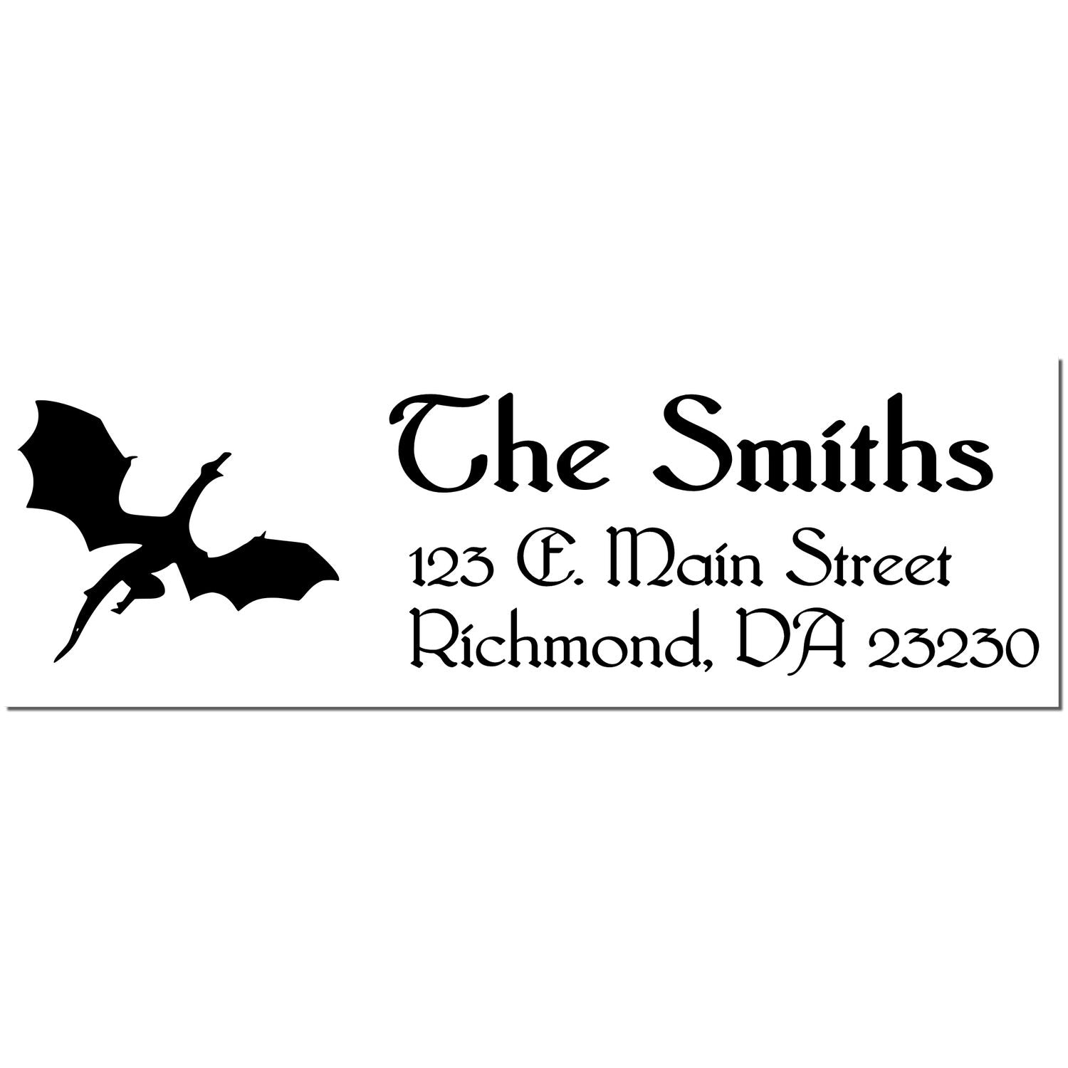 Black custom return address stamp with bat silhouette and gothic text: The Smiths, 123 E. Main Street, Richmond, VA 23230.