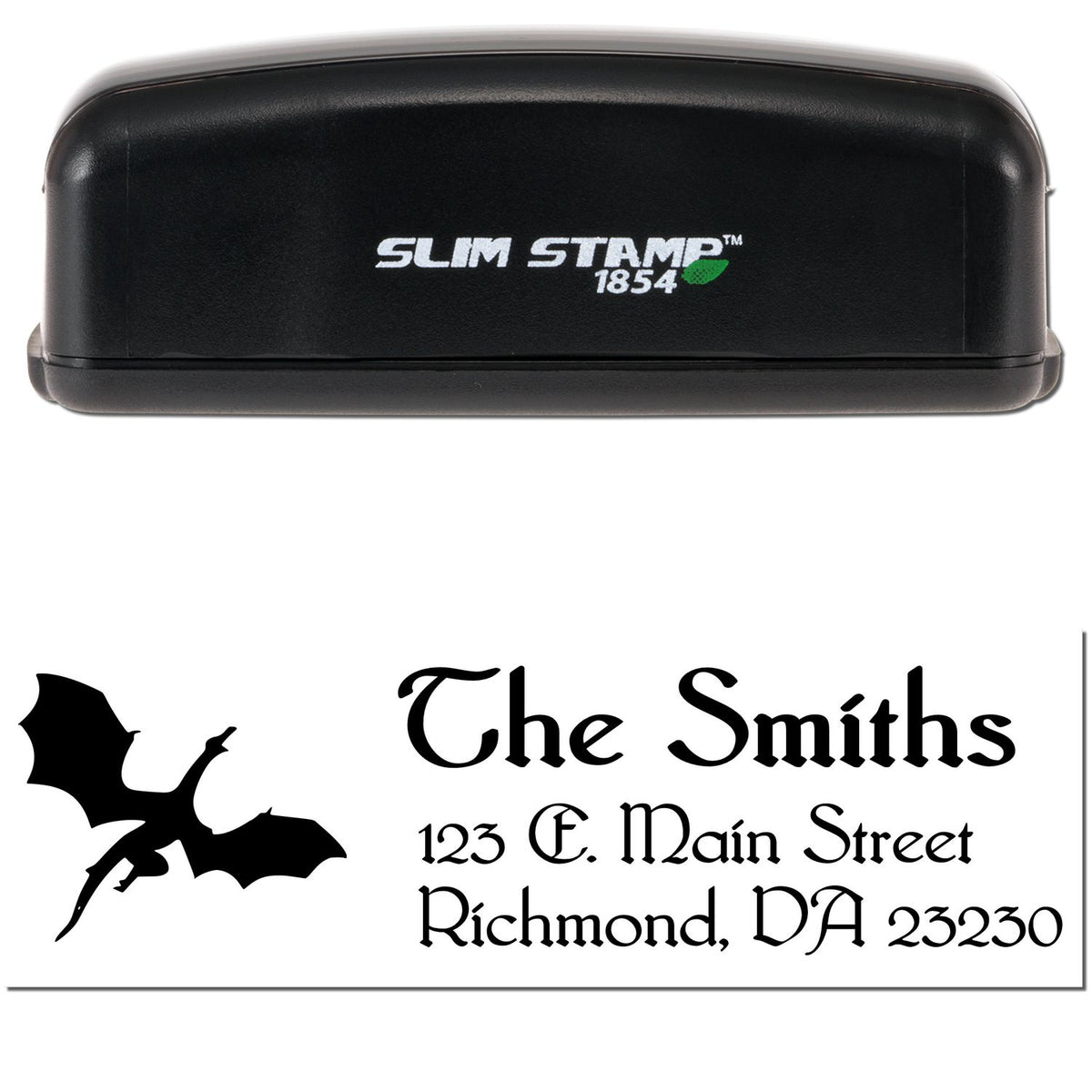 Black Slim Stamp 1854 self-inking stamp with custom bat-themed return address seal in black on white.