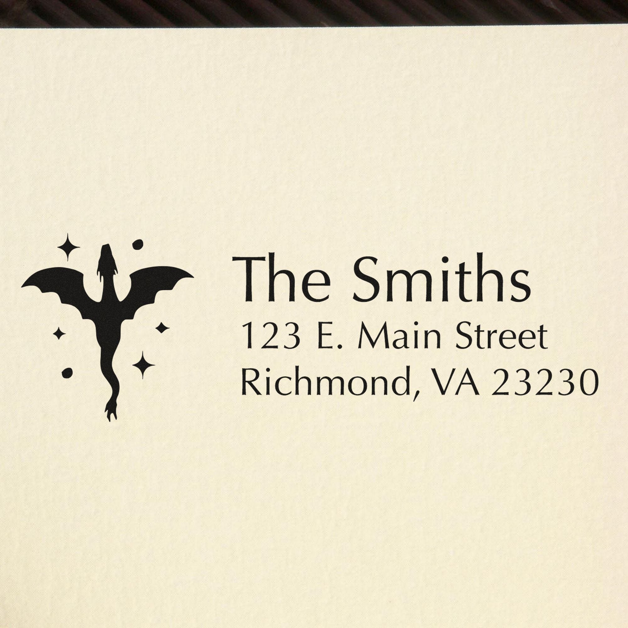 Black custom stamp seal with bat logo and The Smiths address on cream background, featuring Richmond, VA 23230.