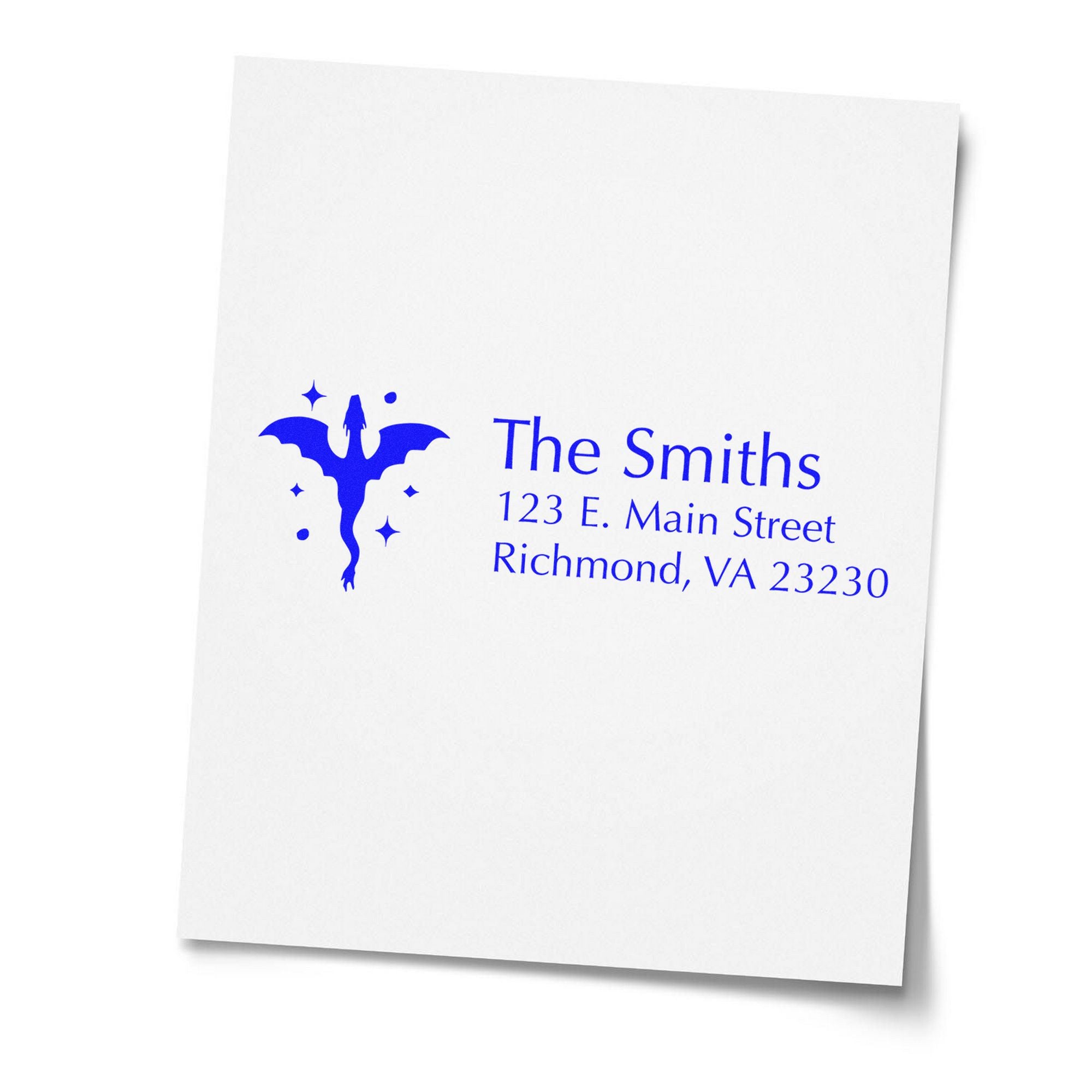 Blue custom address stamp/seal with bat logo, The Smiths, and Richmond VA 23230 on white paper.