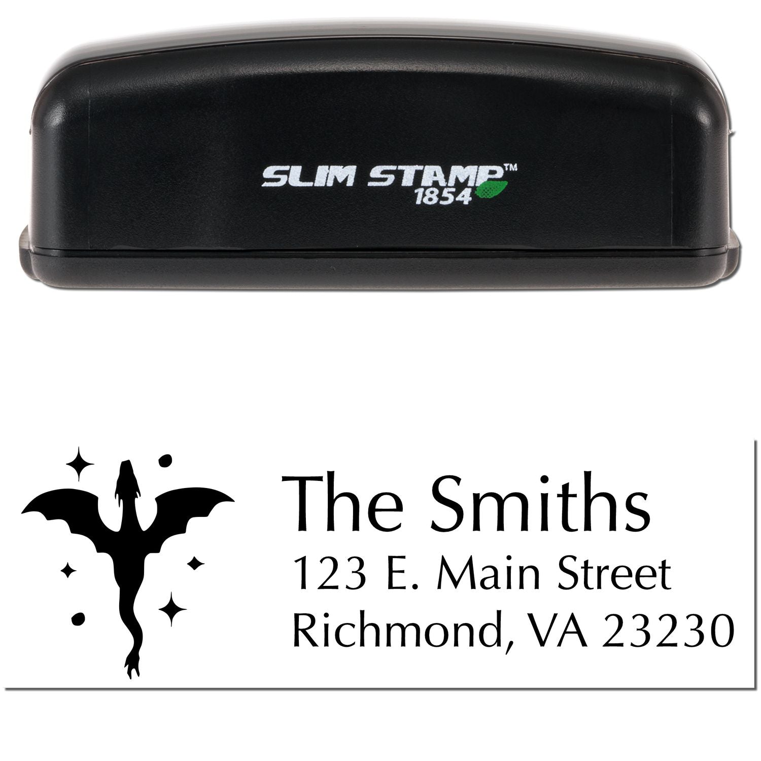 Black Slim Stamp 1854 self-inking stamp and custom seal with bat emblem, The Smiths address in black on white.