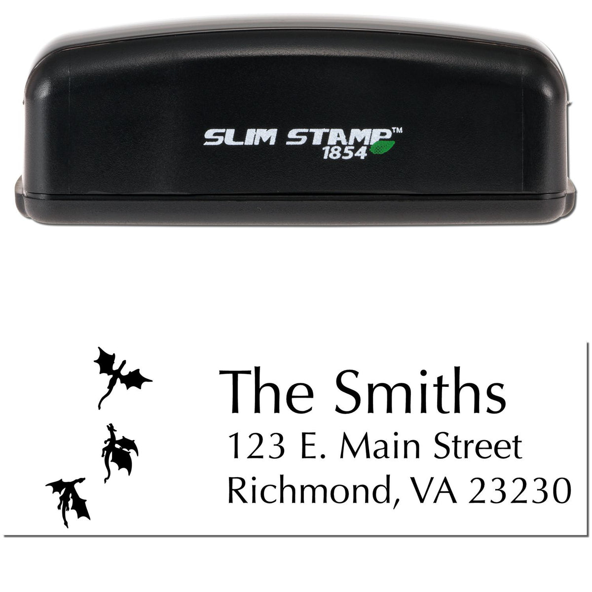 Black Slim Stamp 1854 self-inking stamp with custom seal sample for The Smiths, black text, address, and bat silhouettes.