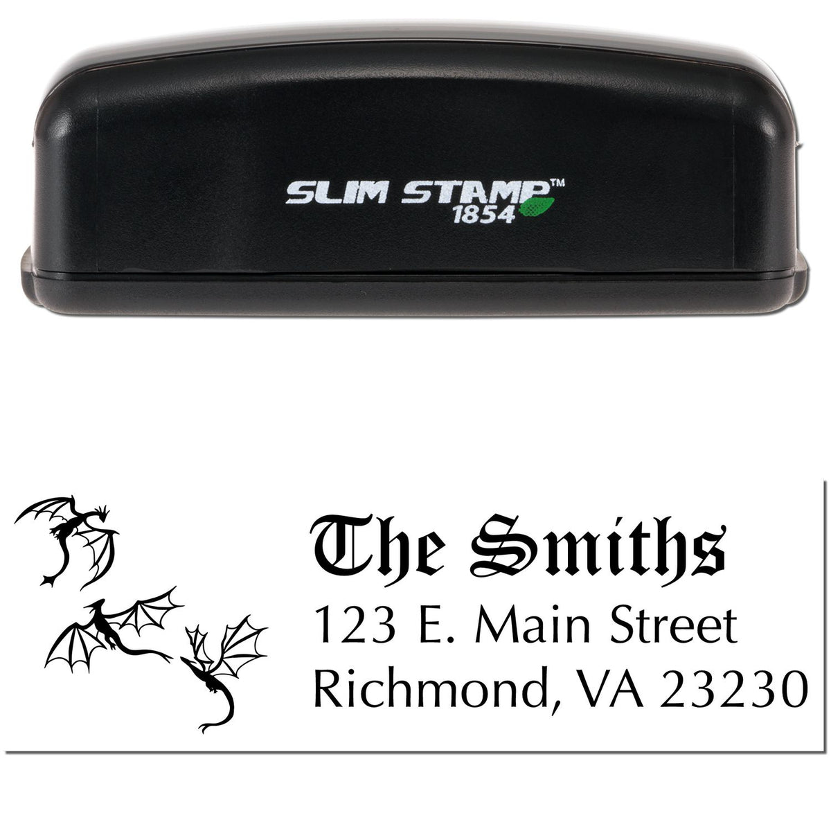 Black Slim Stamp 1854 self-inking stamp with custom return address seal, dragon graphics, and The Smiths address