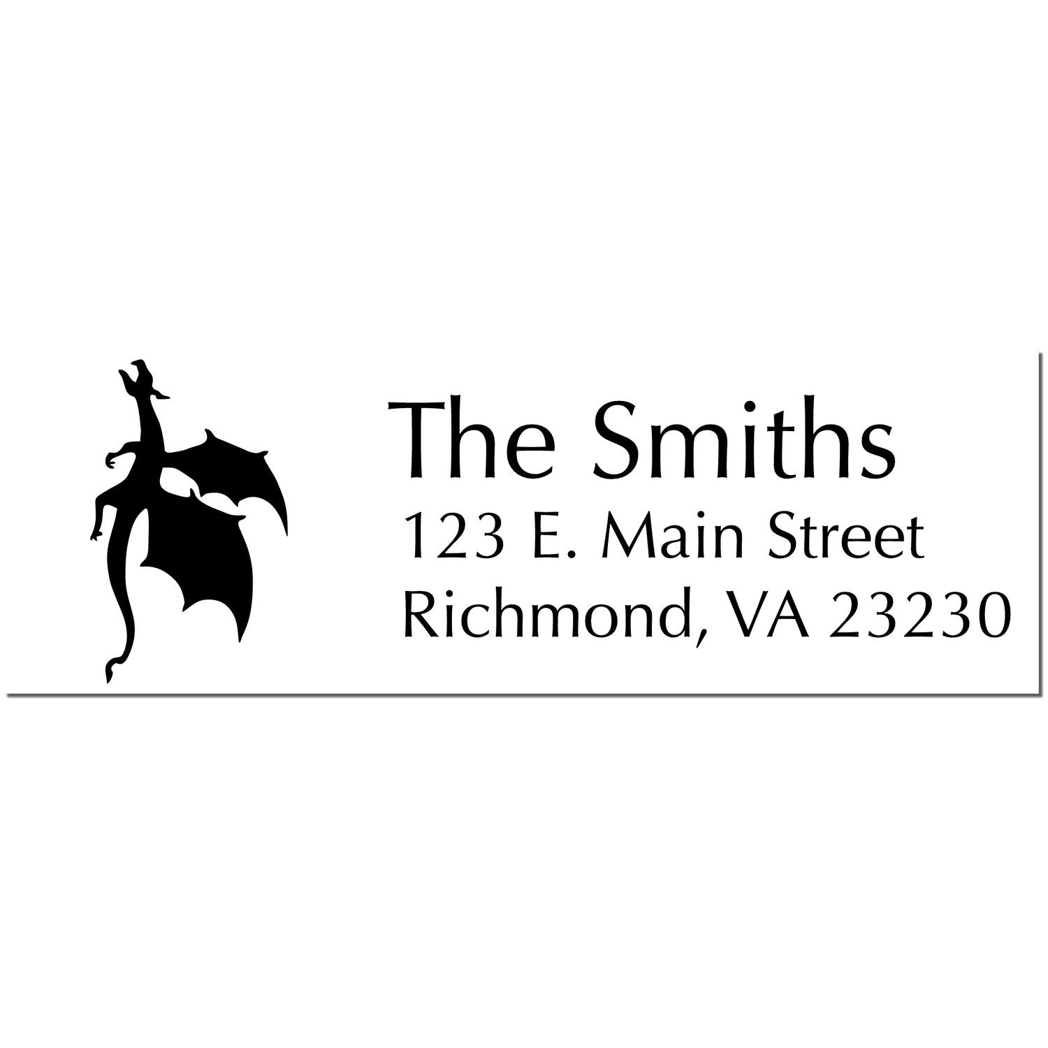 Black custom address stamp with bat silhouette, The Smiths, 123 E. Main Street, Richmond, VA 23230