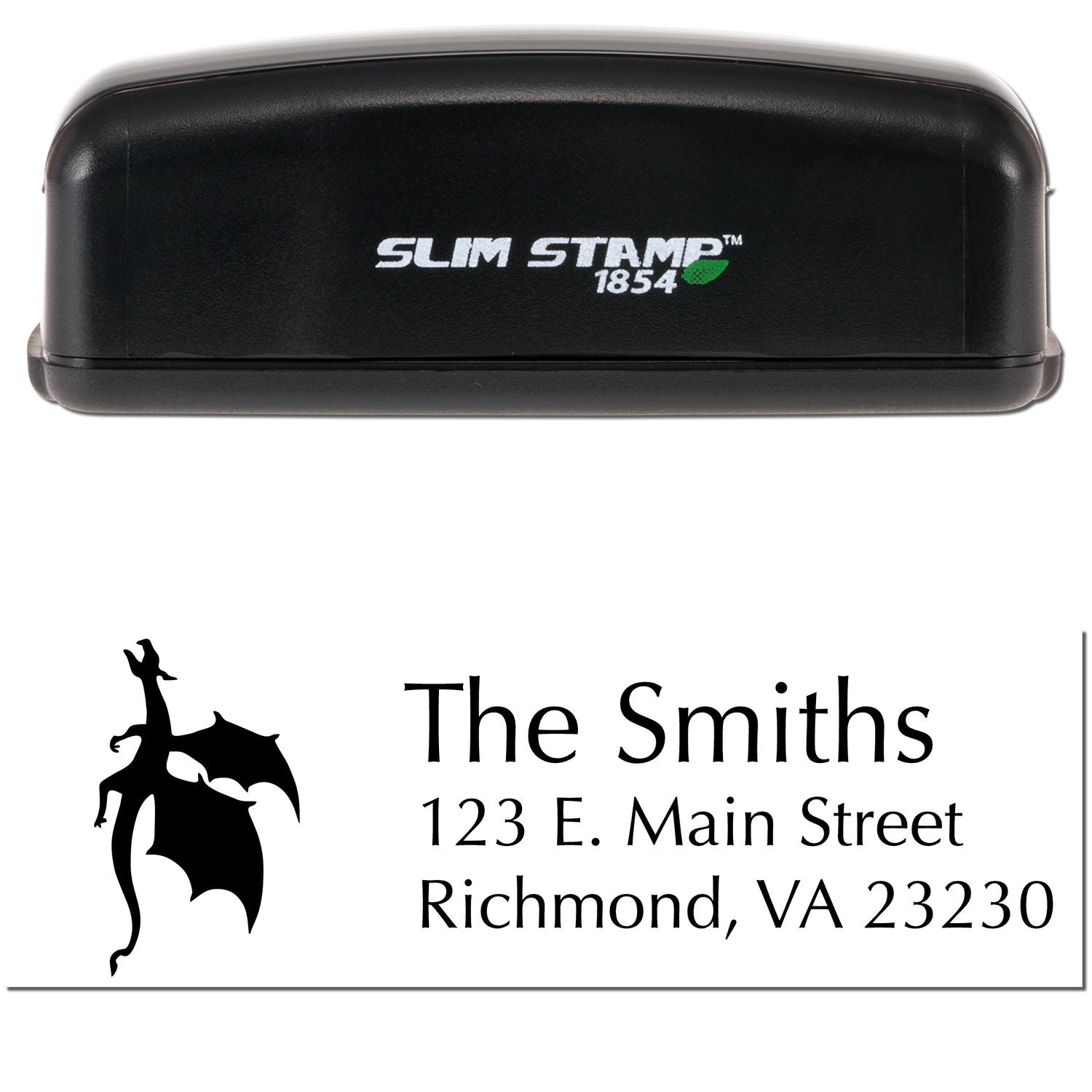 Black Slim Stamp 1854 self-inking stamp with custom address seal, black dragon logo, and The Smiths in black on white.