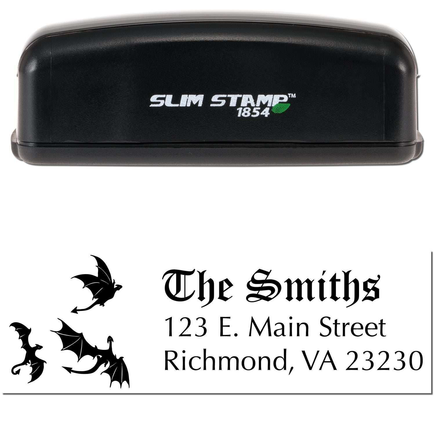 Black Slim Stamp 1854 self-inking stamp with green leaf logo and sample seal imprint featuring gothic text and black dragons.