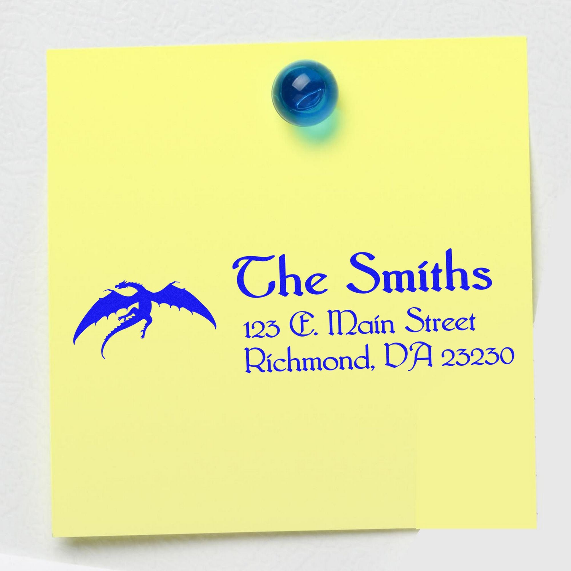 Yellow note with blue custom stamp seal for The Smiths, 123 E. Main Street, Richmond, VA 23230, and a blue seal button.