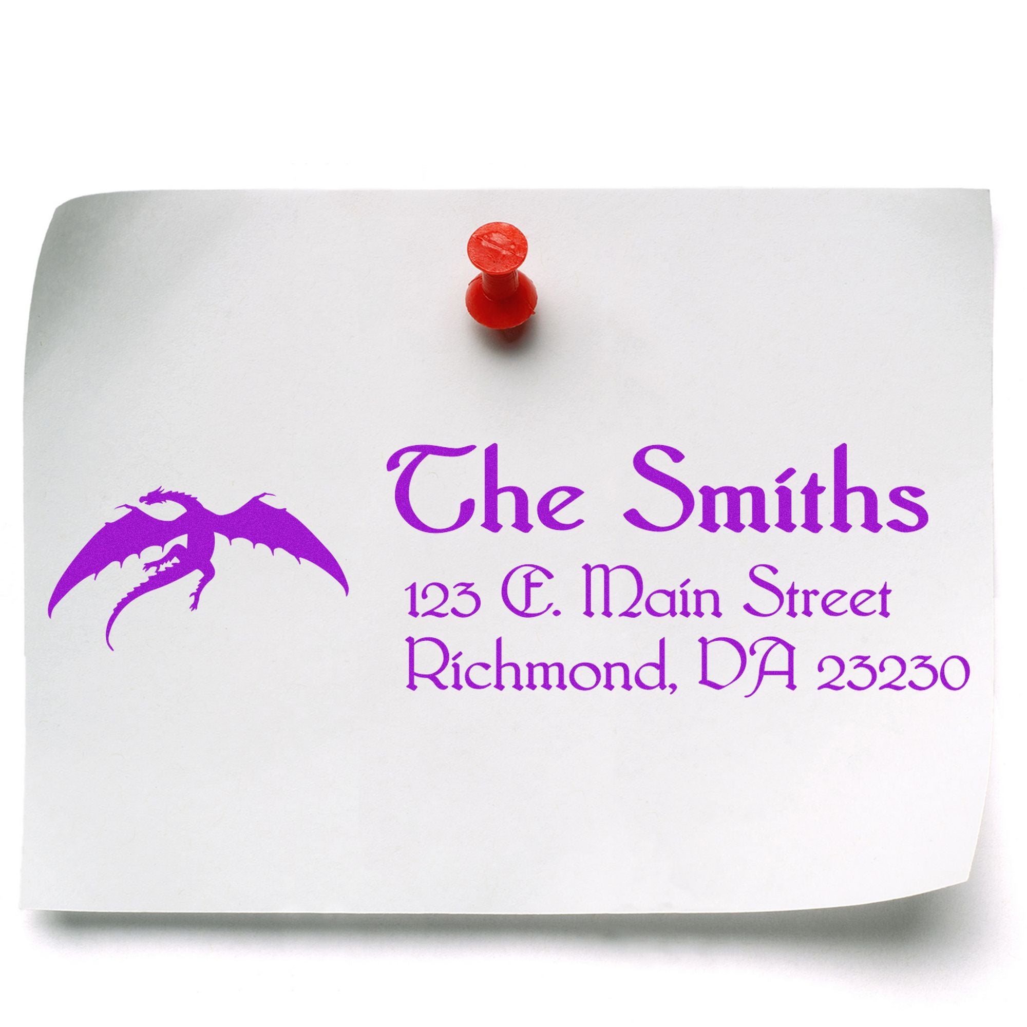 White paper with purple custom stamp and seal for The Smiths, 123 E. Main Street, Richmond, VA, secured by a red pin.