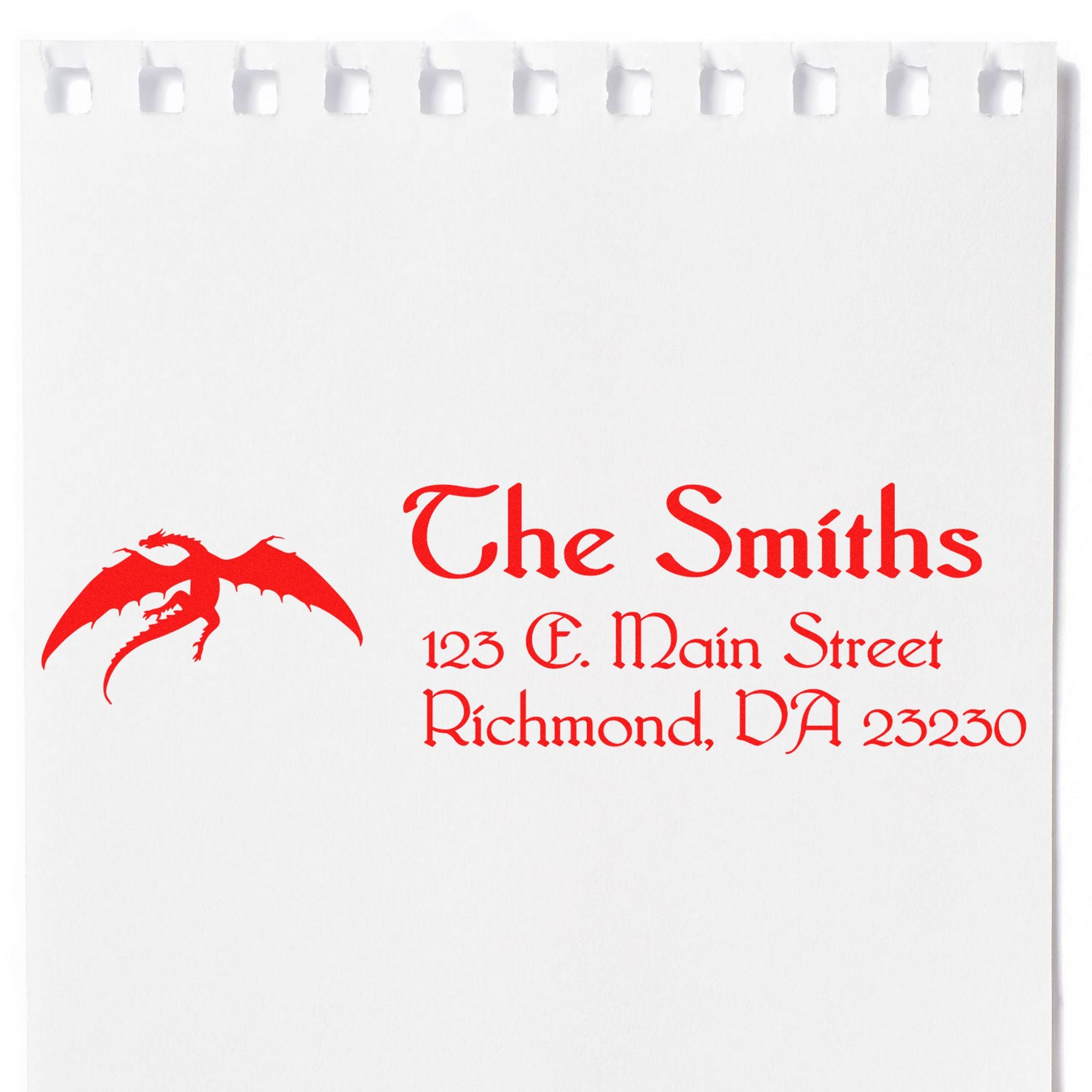 White custom stamp and seal sheet with red dragon logo, The Smiths, and Richmond, VA address.