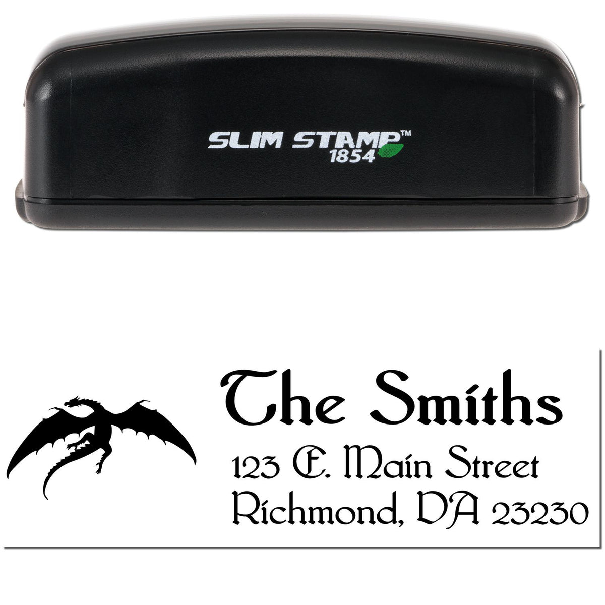 Black Slim Stamp 1854 seal with custom address imprint, dragon graphic, and ornate black text on white background.