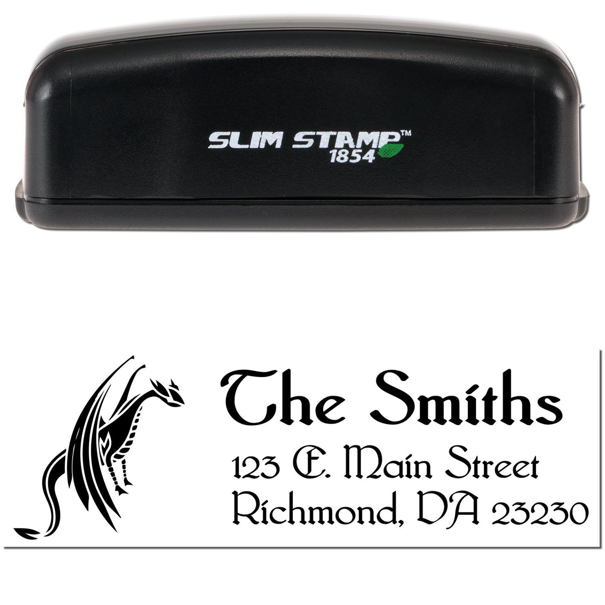 Black Slim Stamp 1854 self-inking stamp and seal with white text, horse logo, and Smiths address.