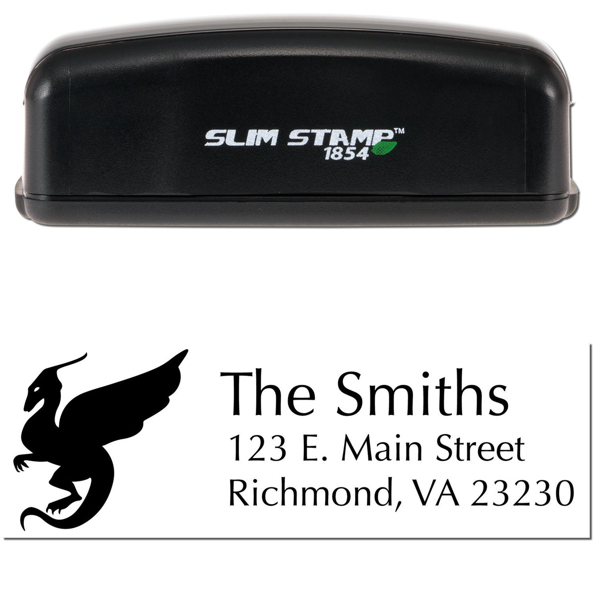 Black Slim Stamp 1854 self-inking stamp with custom seal for The Smiths, black dragon graphic and address text.