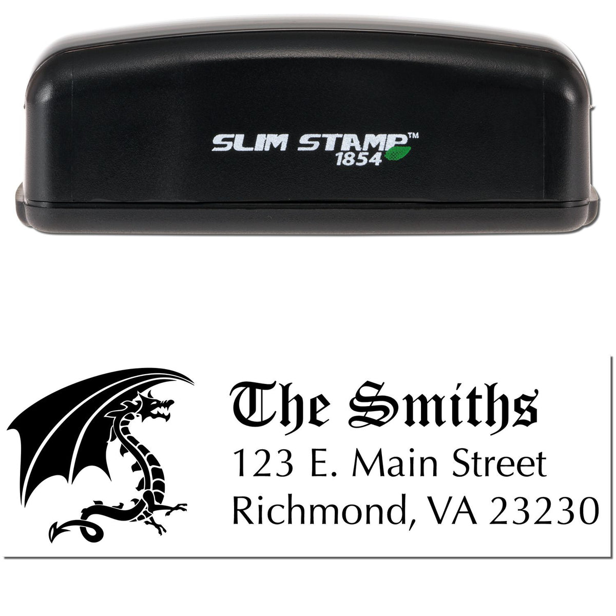 Black Slim Stamp 1854 self-inking stamp with dragon logo seal and The Smiths address in black on white.