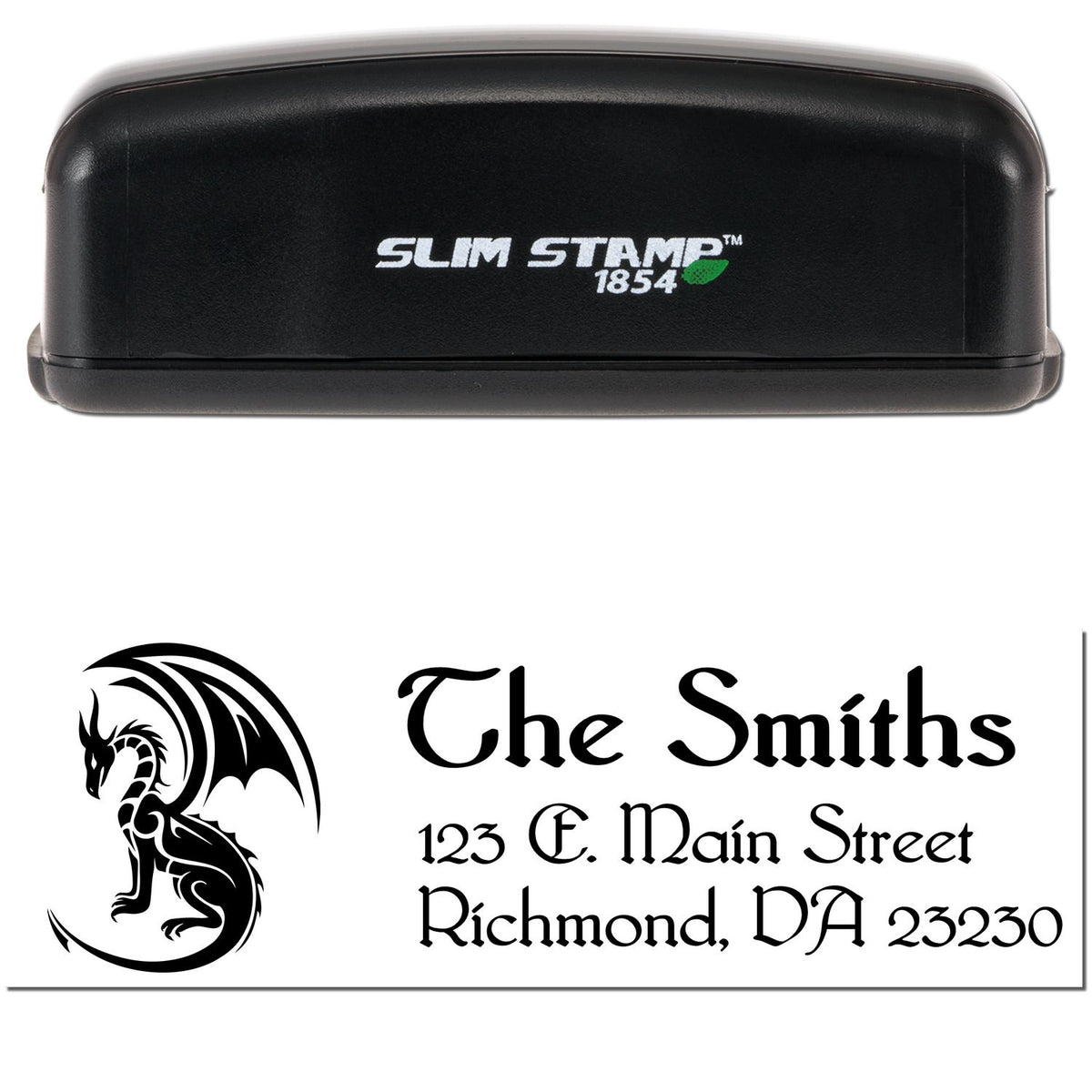 Black Slim Stamp 1854 custom stamp and seal featuring a dragon logo, The Smiths, and address in black on white.