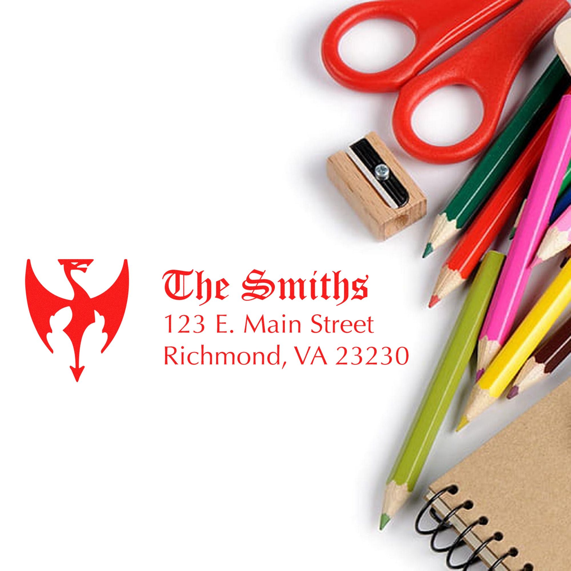 Red custom stamp and seal with scissors, colored pencils, and business logo for The Smiths, Richmond, VA.