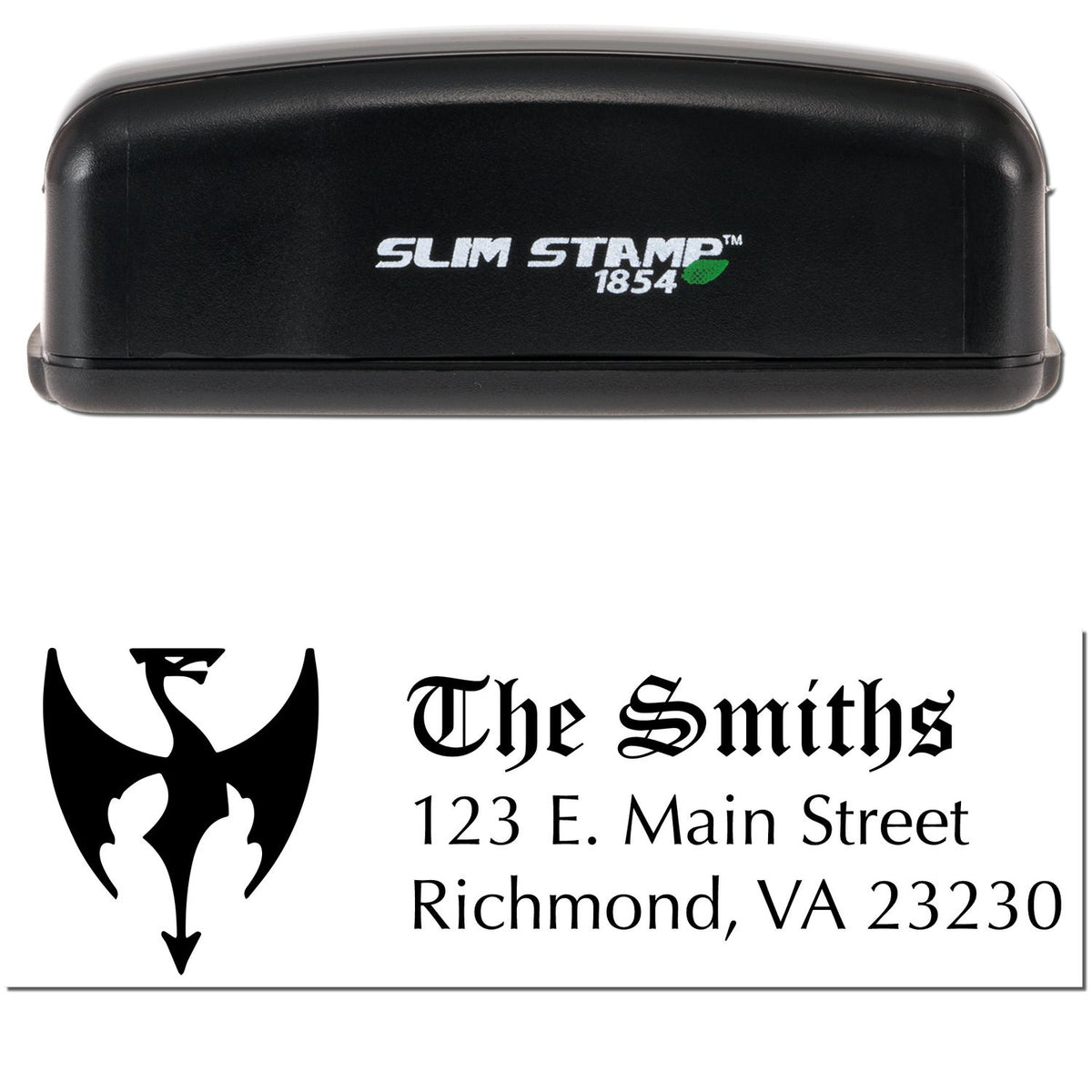 Black Slim Stamp 1854 custom seal with white logo; stamped design reads The Smiths, 123 E. Main Street, Richmond, VA.