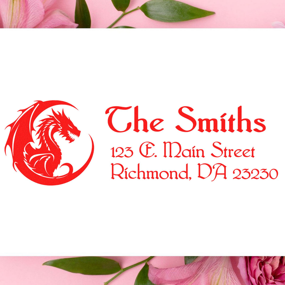 Red custom stamp and seal with dragon logo, The Smiths address, on white card with pink floral border.