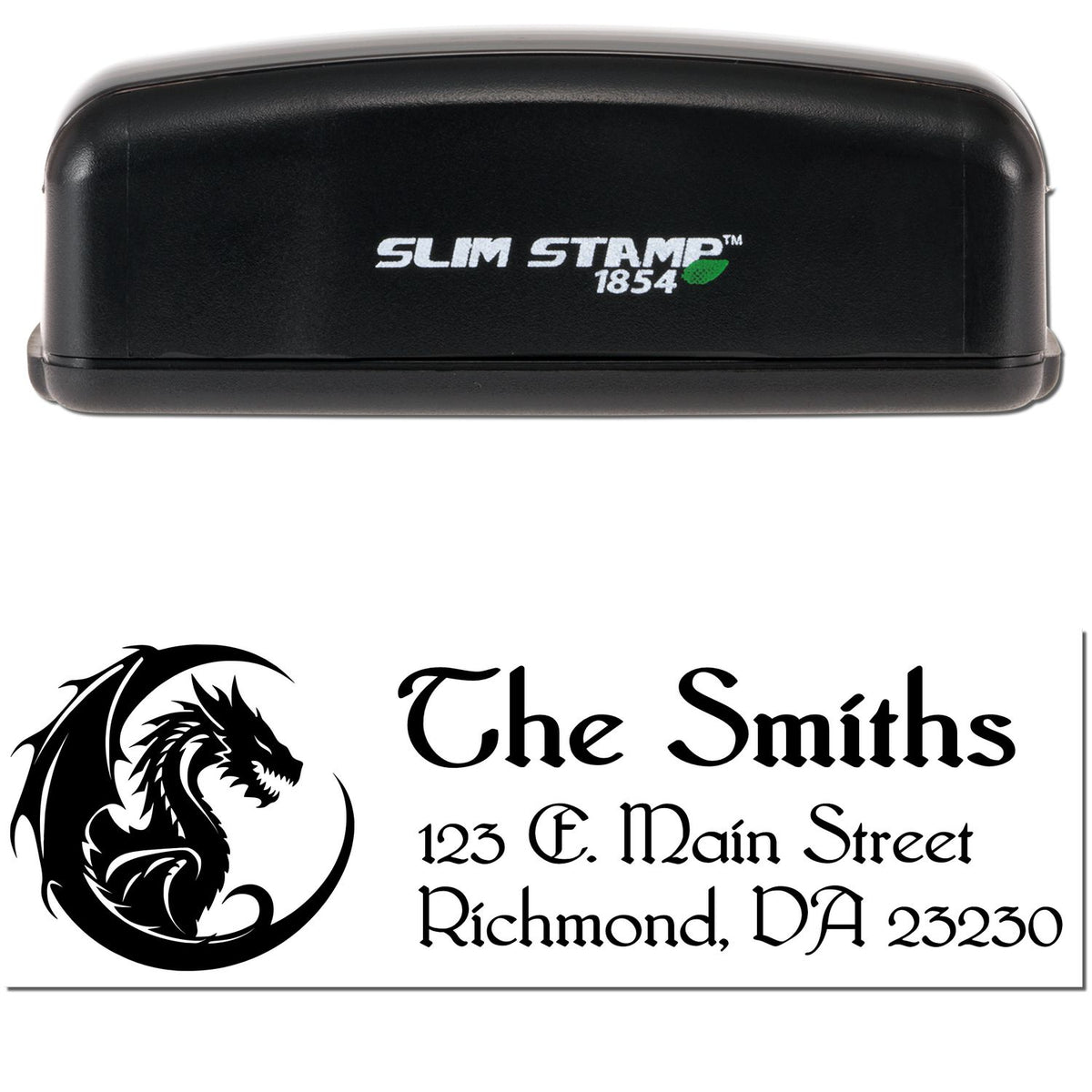 Black Slim Stamp 1854 self-inking stamp with custom dragon seal and The Smiths address in black on white.