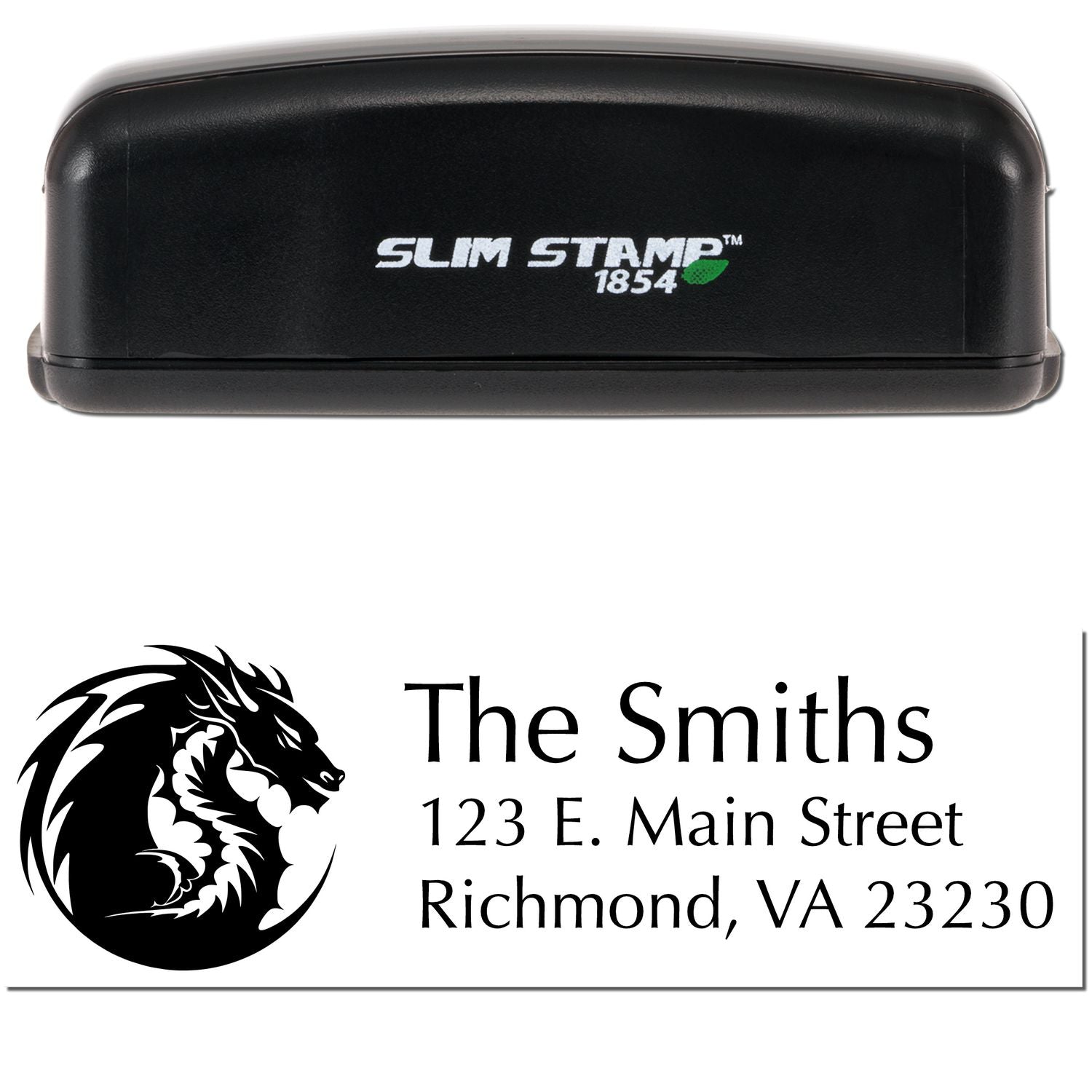 Black Slim Stamp 1854 stamp and seal with dragon logo and custom address for The Smiths, Richmond, VA