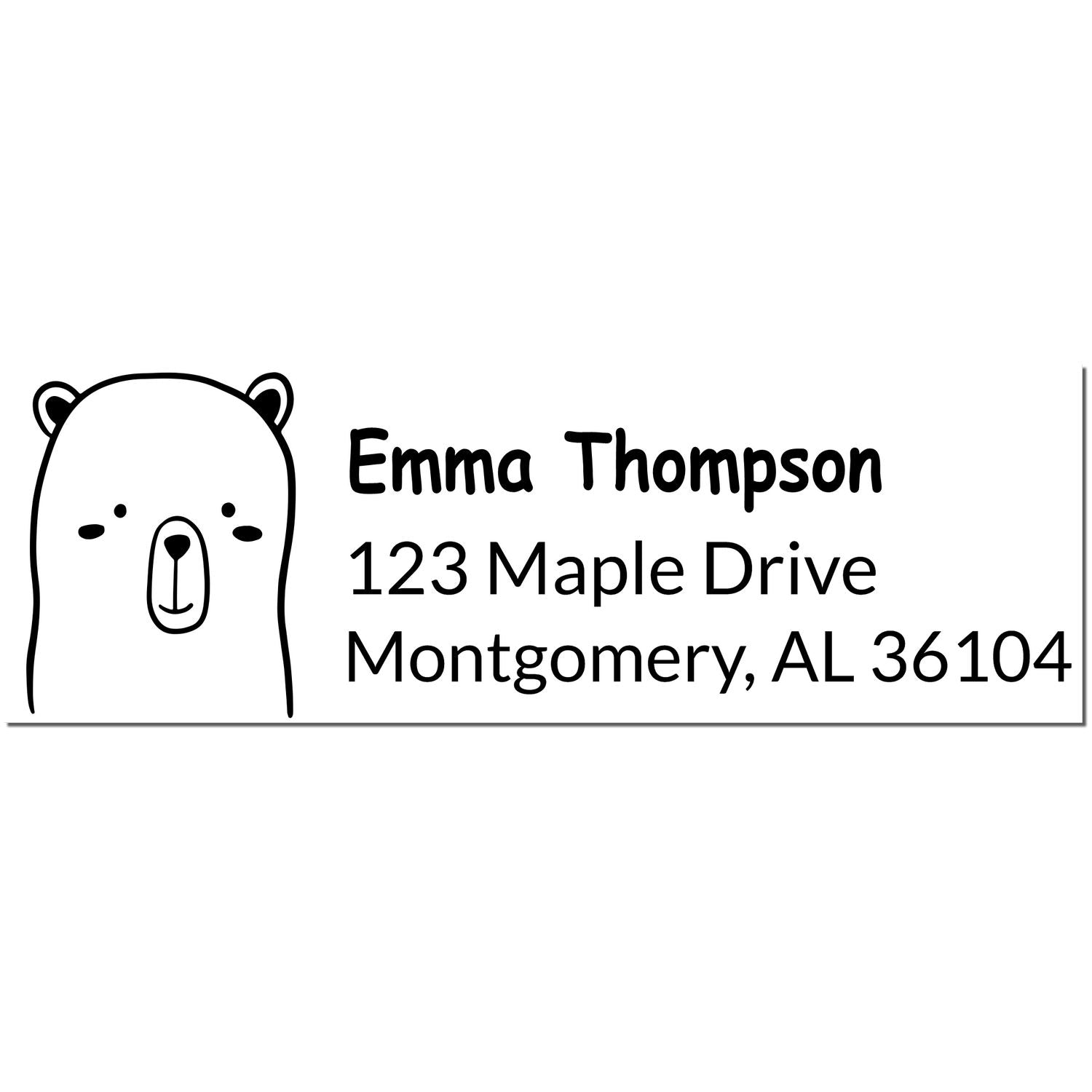 Wood Handle Adorable Bear Personalized Address Rubber Stamp featuring a cute bear illustration. Customizable Mailing Stamp with the name Emma Thompson and address 123 Maple Drive, Montgomery, AL 36104.