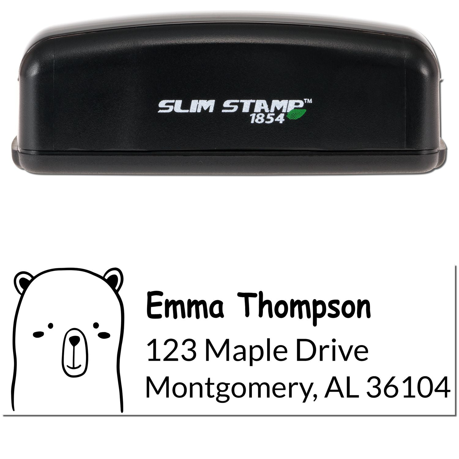 Image of a Slim Pre-Inked Adorable Bear Personalized New Address Stamp. The stamp features a cute bear illustration and customizable text for personalizing mailing addresses. The black casing is compact and labeled "Slim Stamp 1854."