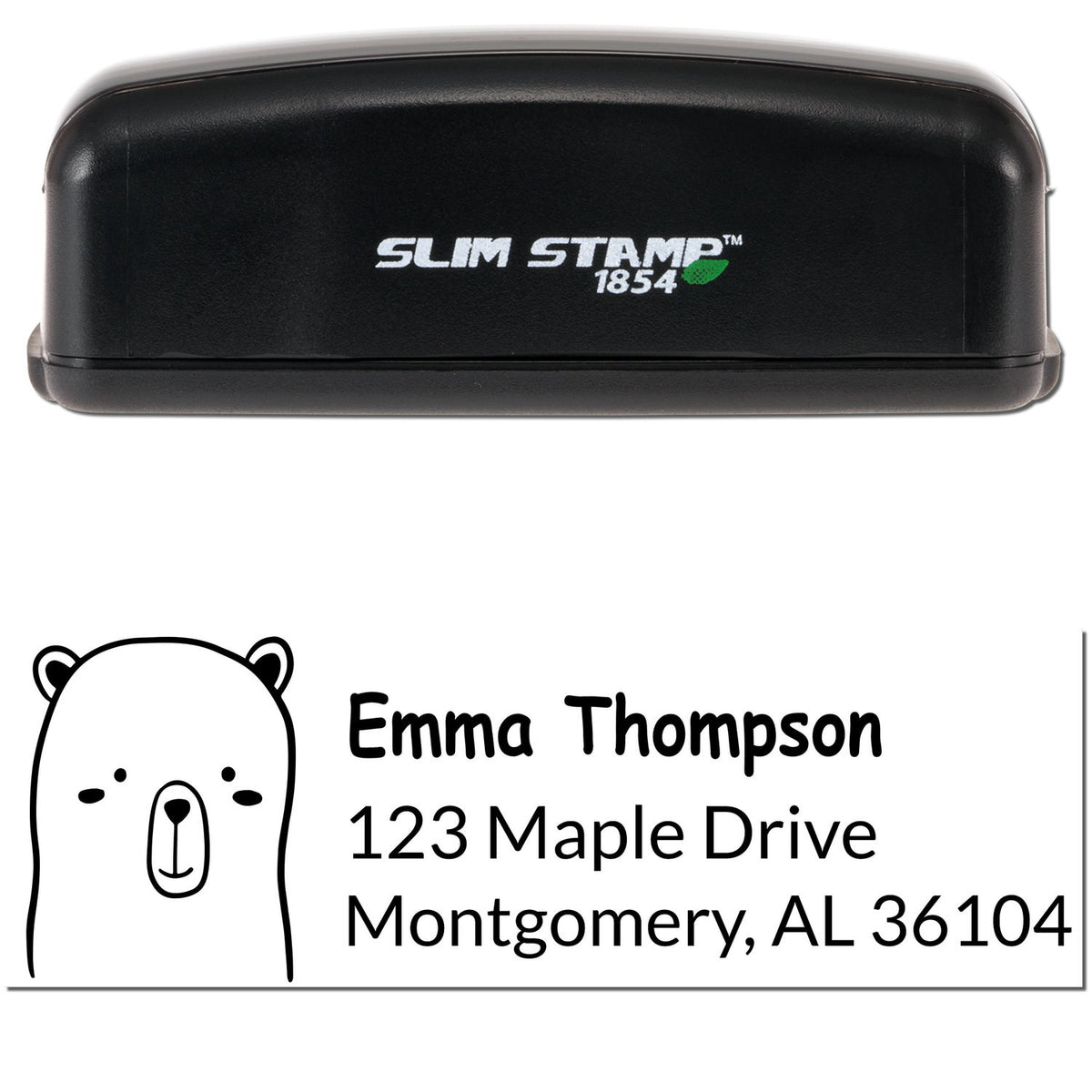 Image of a Slim Pre-Inked Adorable Bear Personalized New Address Stamp. The stamp features a cute bear illustration and customizable text for personalizing mailing addresses. The black casing is compact and labeled "Slim Stamp 1854."