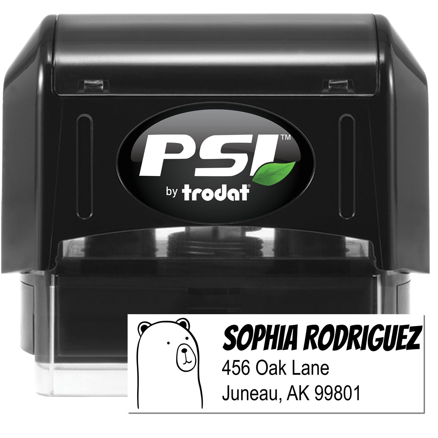 Image of a PSI Cuddly Polar Bear Customized Mailing Address Pre-Inked Stamp. The stamp features a cute polar bear design and the text "SOPHIA RODRIGUEZ, 456 Oak Lane, Juneau, AK 99801." This Customized Address Stamper is black with a clear base.