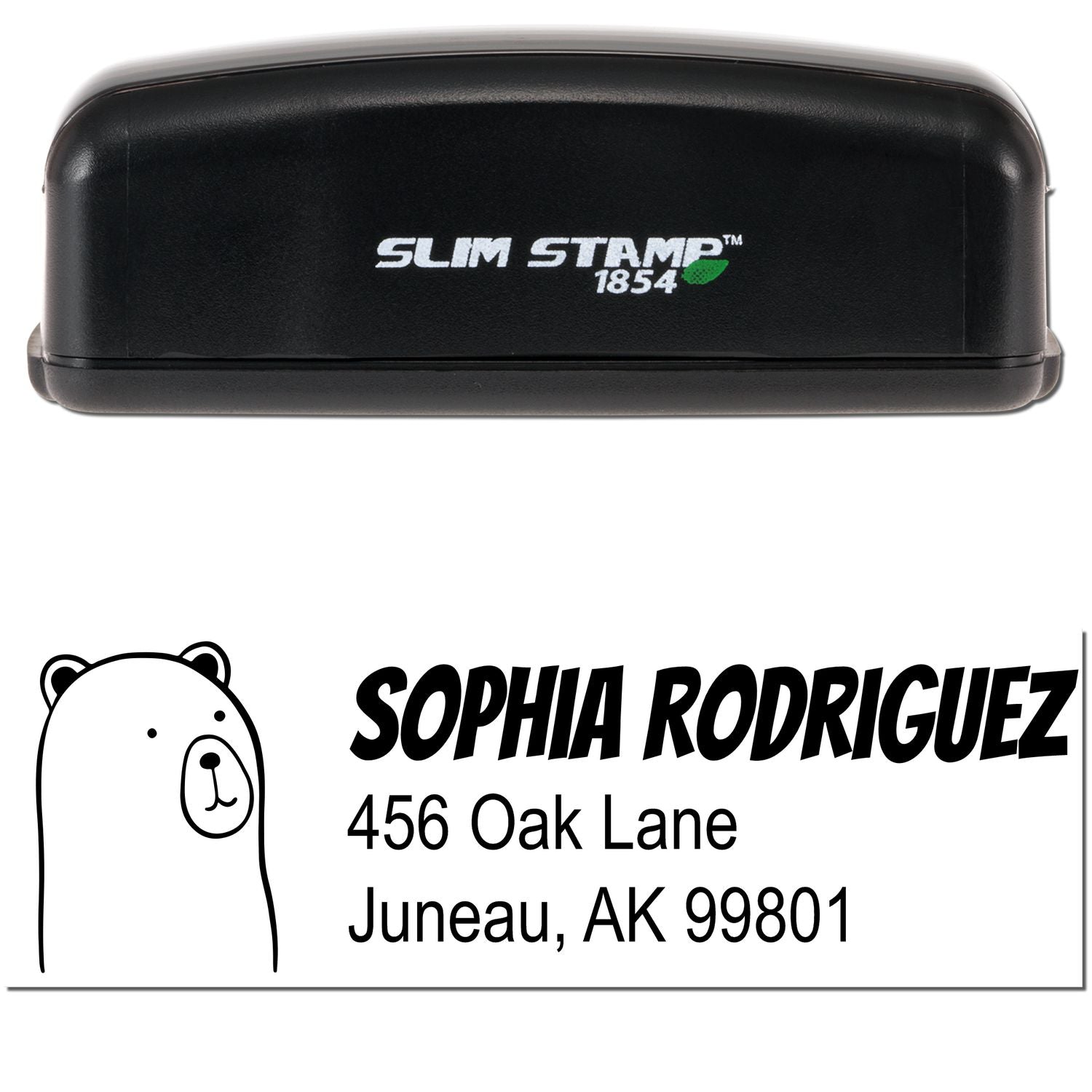 Image of a Slim Pre-Inked Cuddly Polar Bear Personalized Home Address Stamp. The stamp features a cute polar bear design and personalized mailing stamper details for Sophia Rodriguez, 456 Oak Lane, Juneau, AK 99801.