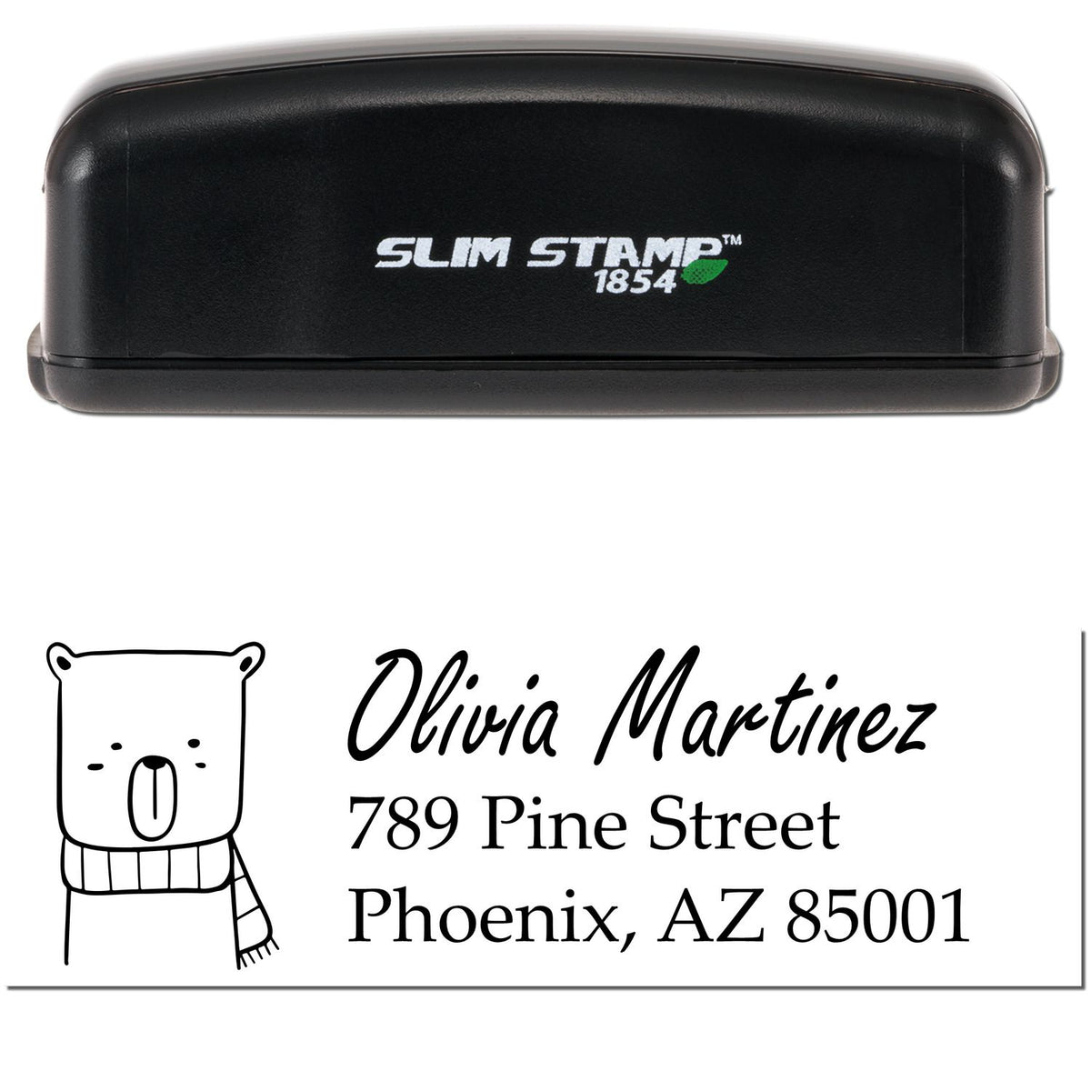 Image of a Slim Pre-Inked Snuggly Bear Personalized Address Label Stamp. The black stamper is labeled "Slim Stamp 1854" and features a customizable home stamper design with a bear illustration and sample address for Olivia Martinez, 789 Pine Street, Phoenix, AZ 85001.