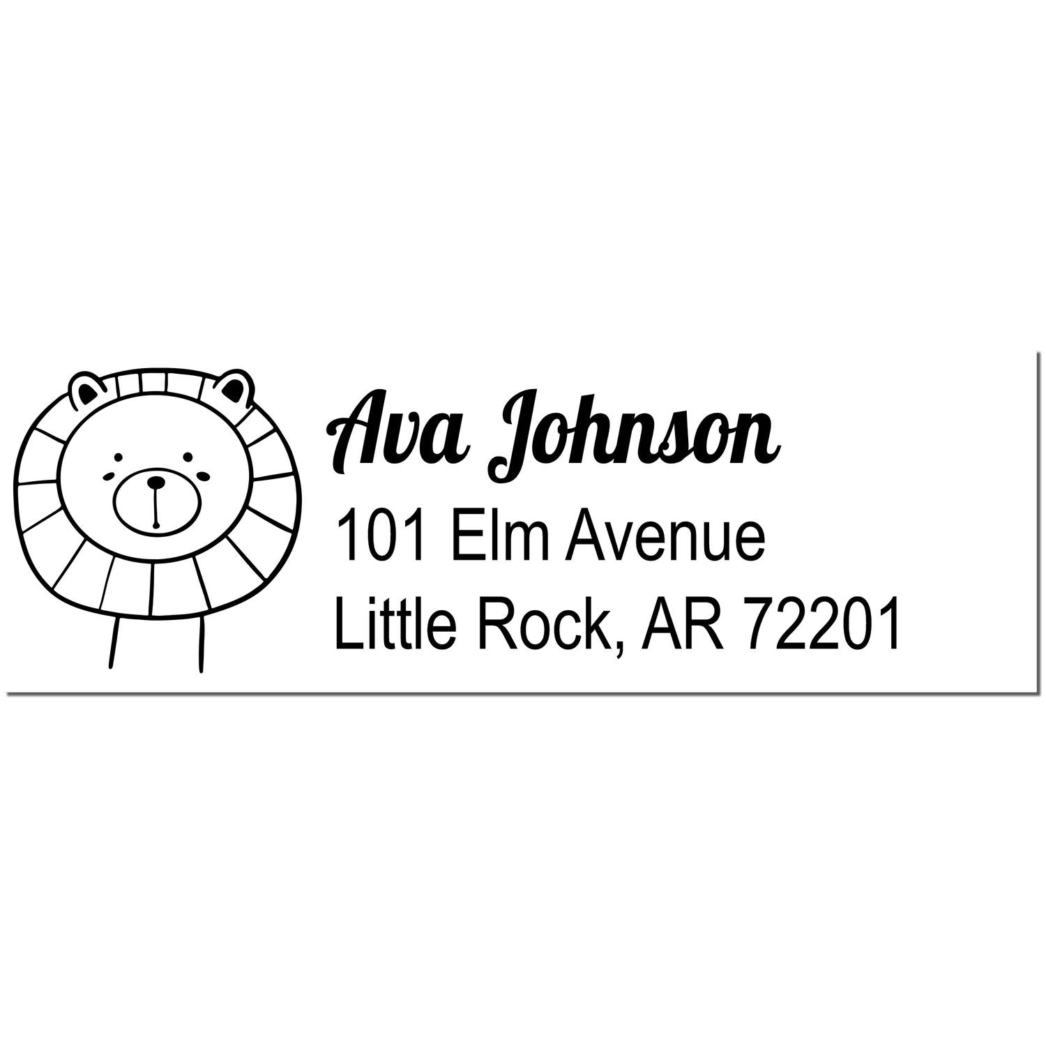 Slim Pre-Inked Lovable Lion's Lair Custom Address Stamp featuring a cute lion illustration. Personalizable Home Stamp with the name "Ava Johnson" and address "101 Elm Avenue, Little Rock, AR 72201" in bold, stylish font.