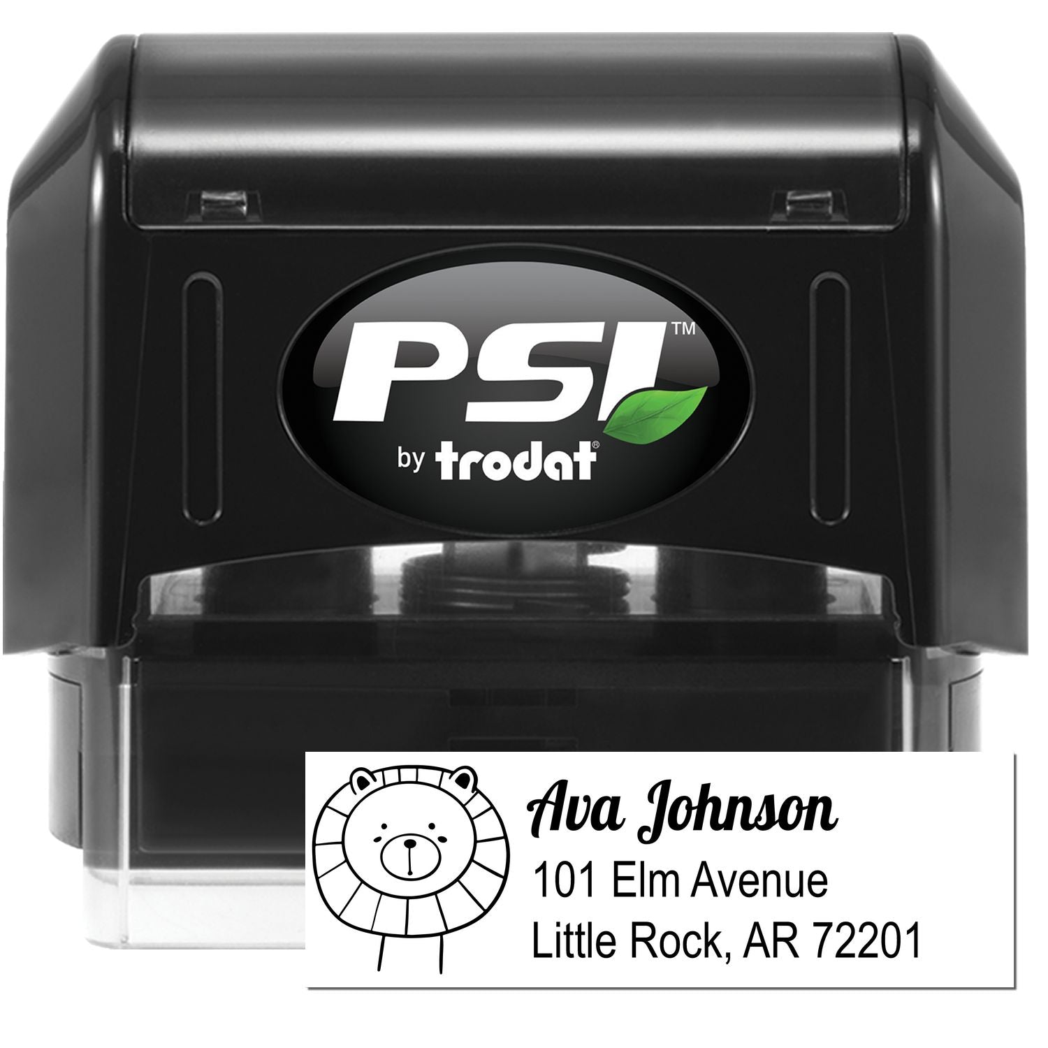 Image of a PSI Lovable Lion's Lair Customized New Address Pre-Inked Stamp. The stamp features a lion graphic and personalized text: "Ava Johnson, 101 Elm Avenue, Little Rock, AR 72201." This Personalized New Address Stamper is black with a clear base.