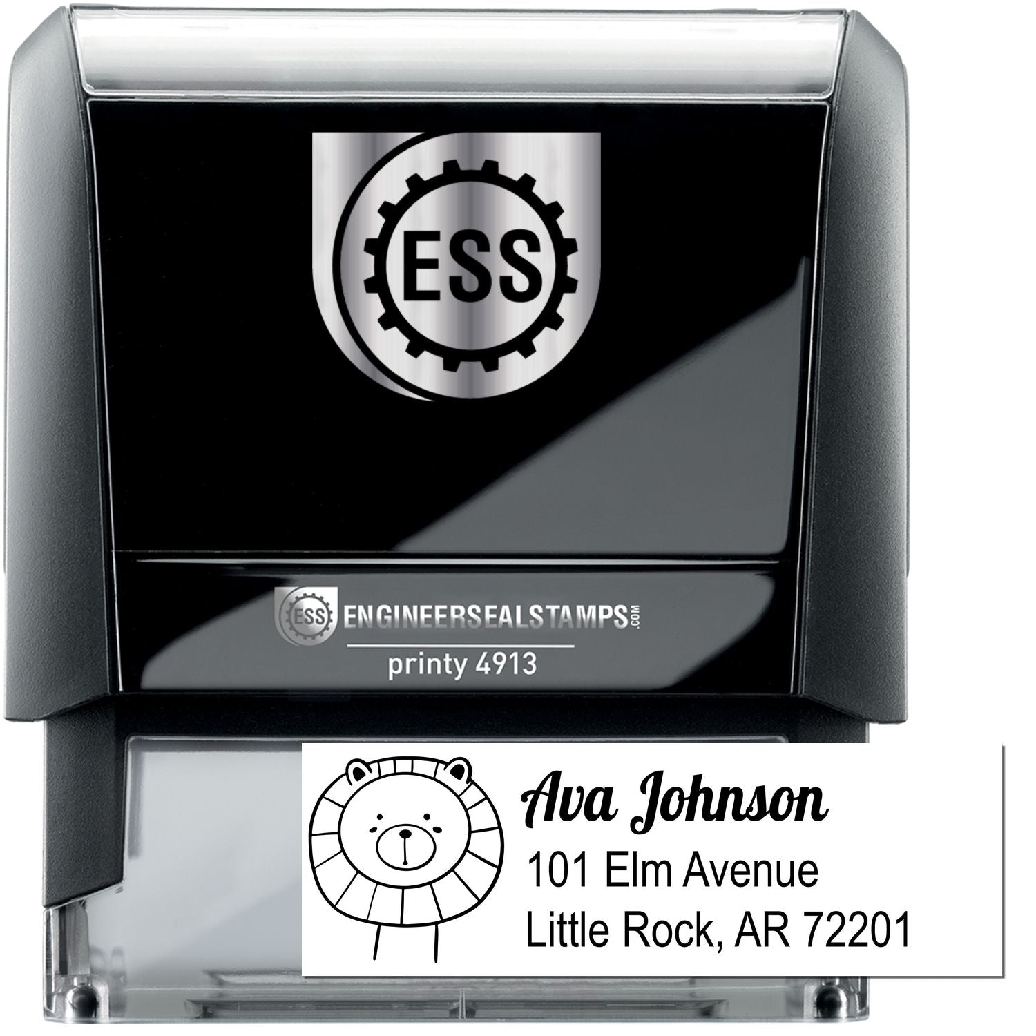 A black self-inking stamp labeled "ESS" with a sample imprint showing a cute lion design and the text "Ava Johnson, 101 Elm Avenue, Little Rock, AR 72201." Keywords: Lovable Lion's Lair Customize Address Return Self-Inking Stamp, Customized Address Stamper.