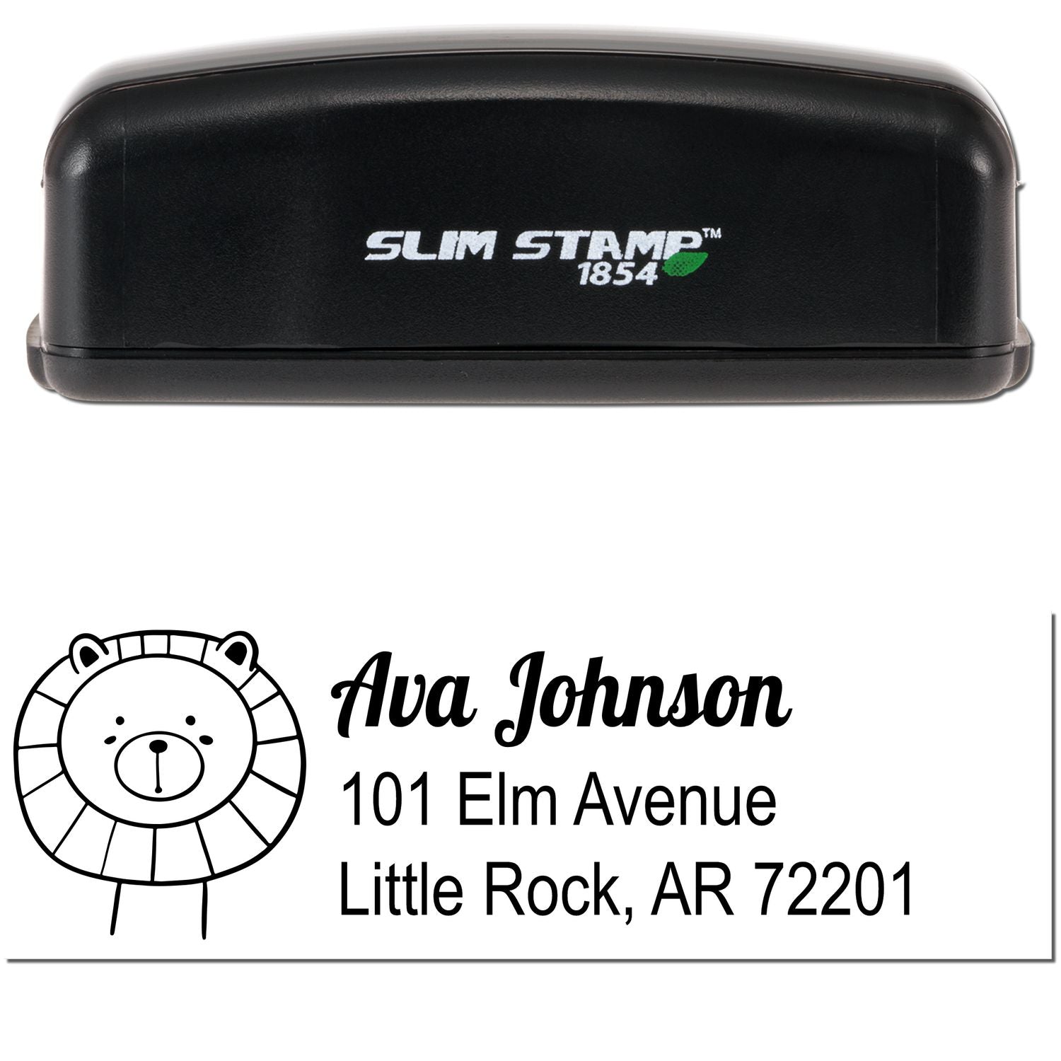 Image of a Slim Pre-Inked Lovable Lion's Lair Custom Address Stamp. The stamp features a customizable home stamper design with a cute lion illustration and sample address: Ava Johnson, 101 Elm Avenue, Little Rock, AR 72201.