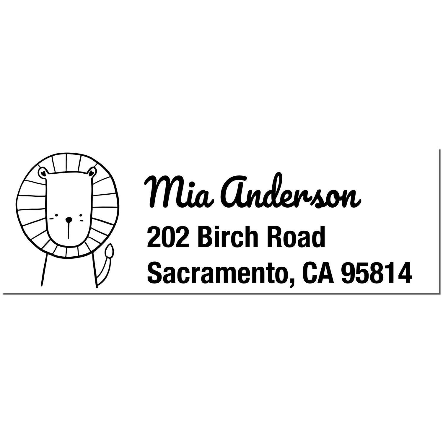 Image of a personalized new address stamp featuring a cute lion illustration with a wood handle. The text reads "Mia Anderson, 202 Birch Road, Sacramento, CA 95814." This Little Roar rubber stamp is ideal for adding a personal touch to mail.