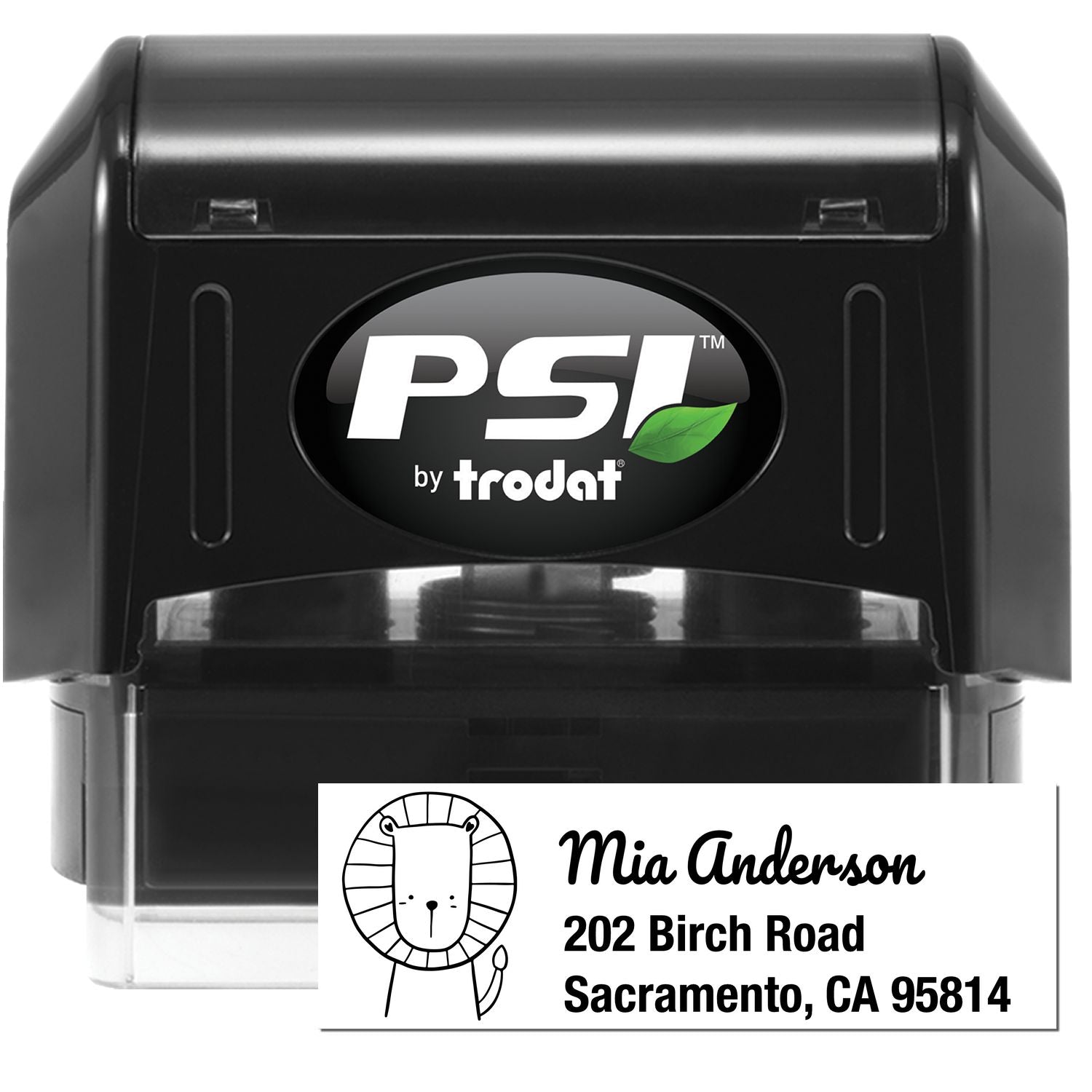 Image of a PSI Little Roar Customized Home Address Pre-Inked Stamp. The stamp features a lion graphic and the name "Mia Anderson" with an address. This Customized Mailing Stamper is designed for personalizing envelopes efficiently.