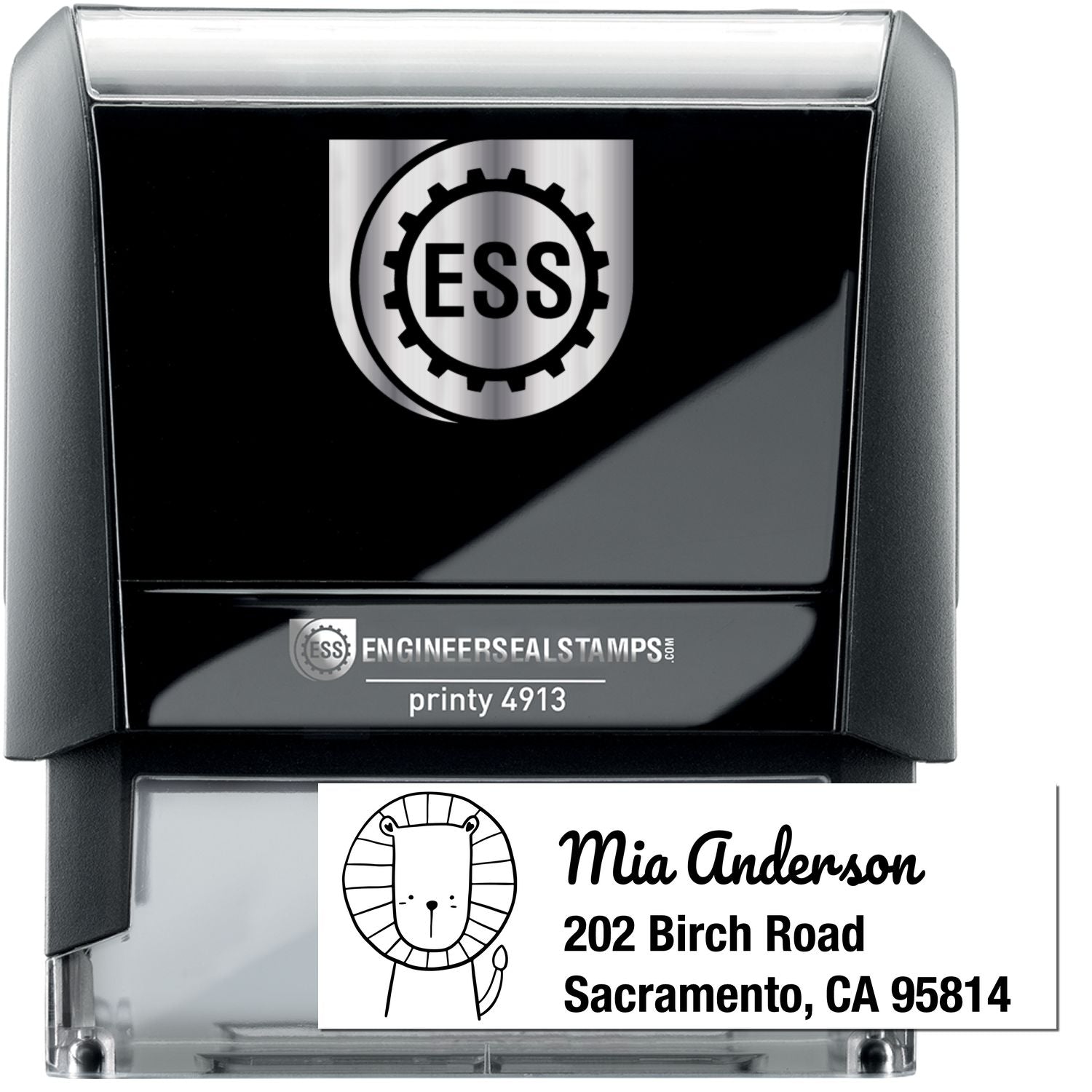 Little Roar Customize Mailing Address Self-Inking Stamp featuring a custom-made address stamper design. The stamp displays "Mia Anderson, 202 Birch Road, Sacramento, CA 95814" with a cute lion illustration.