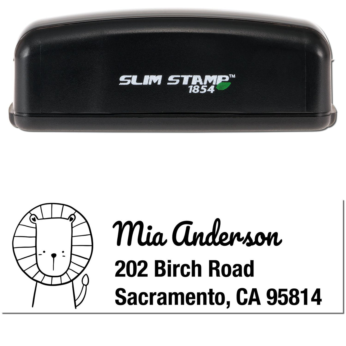 Image of a Slim Pre-Inked Little Roar Custom Return Address Stamp. The black stamper features a cute lion design and personalized text: "Mia Anderson, 202 Birch Road, Sacramento, CA 95814." Ideal for a Personalized New Address Stamper.