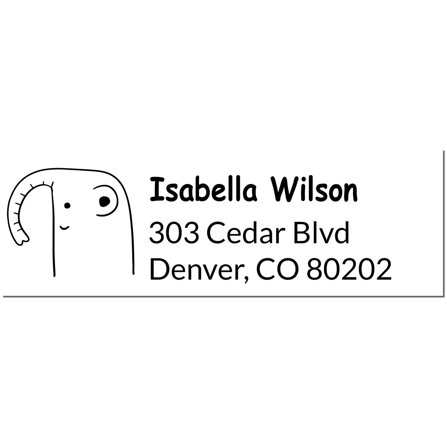 Wood handle endearing elephant personalized home address rubber stamp featuring a cute elephant illustration. The customized address stamp displays the name "Isabella Wilson" with an address in Denver, CO.